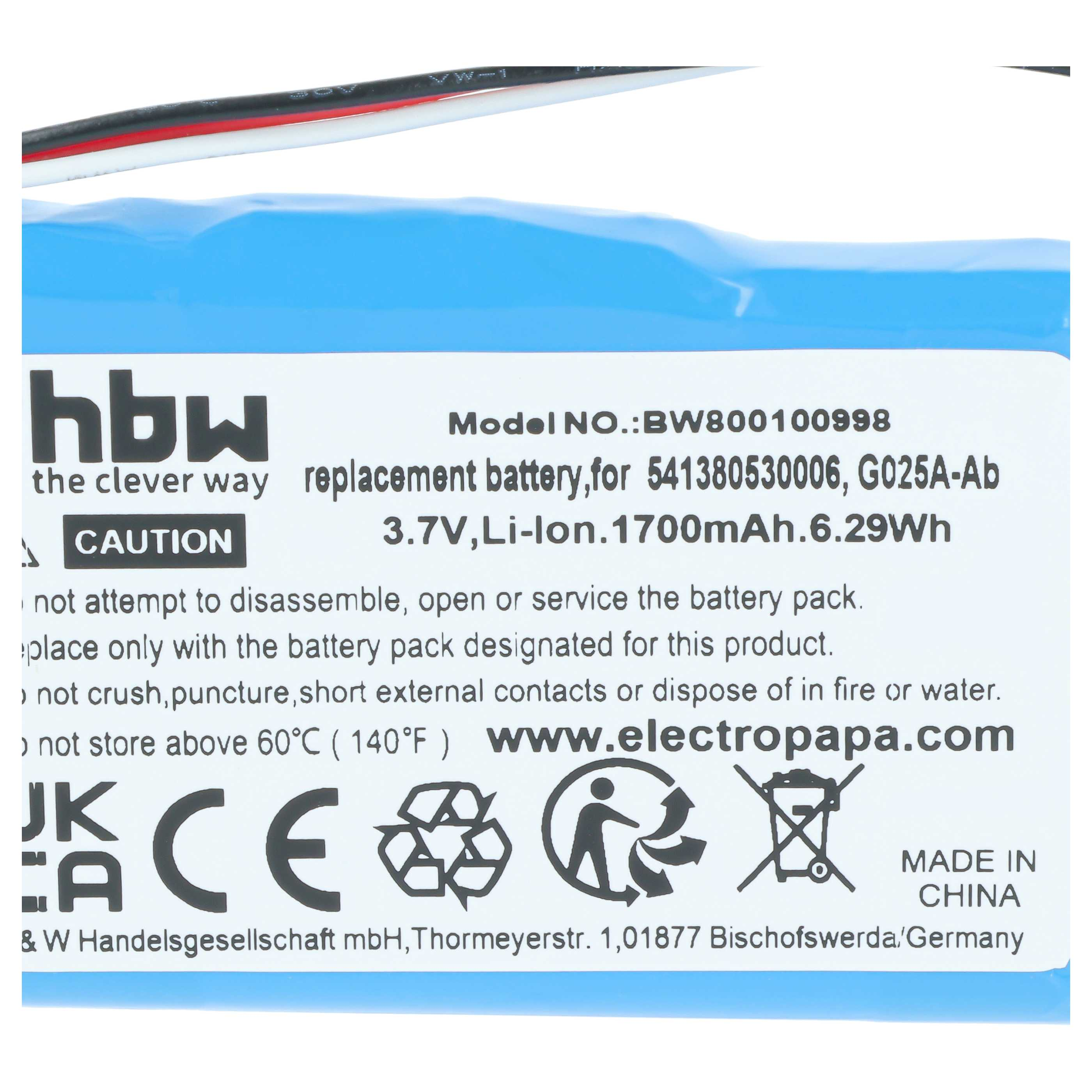 Nahaufnahme eines Lithium-Ionen-Akkus mit technischen Daten, Warnhinweisen und CE-Prüfzeichen.
