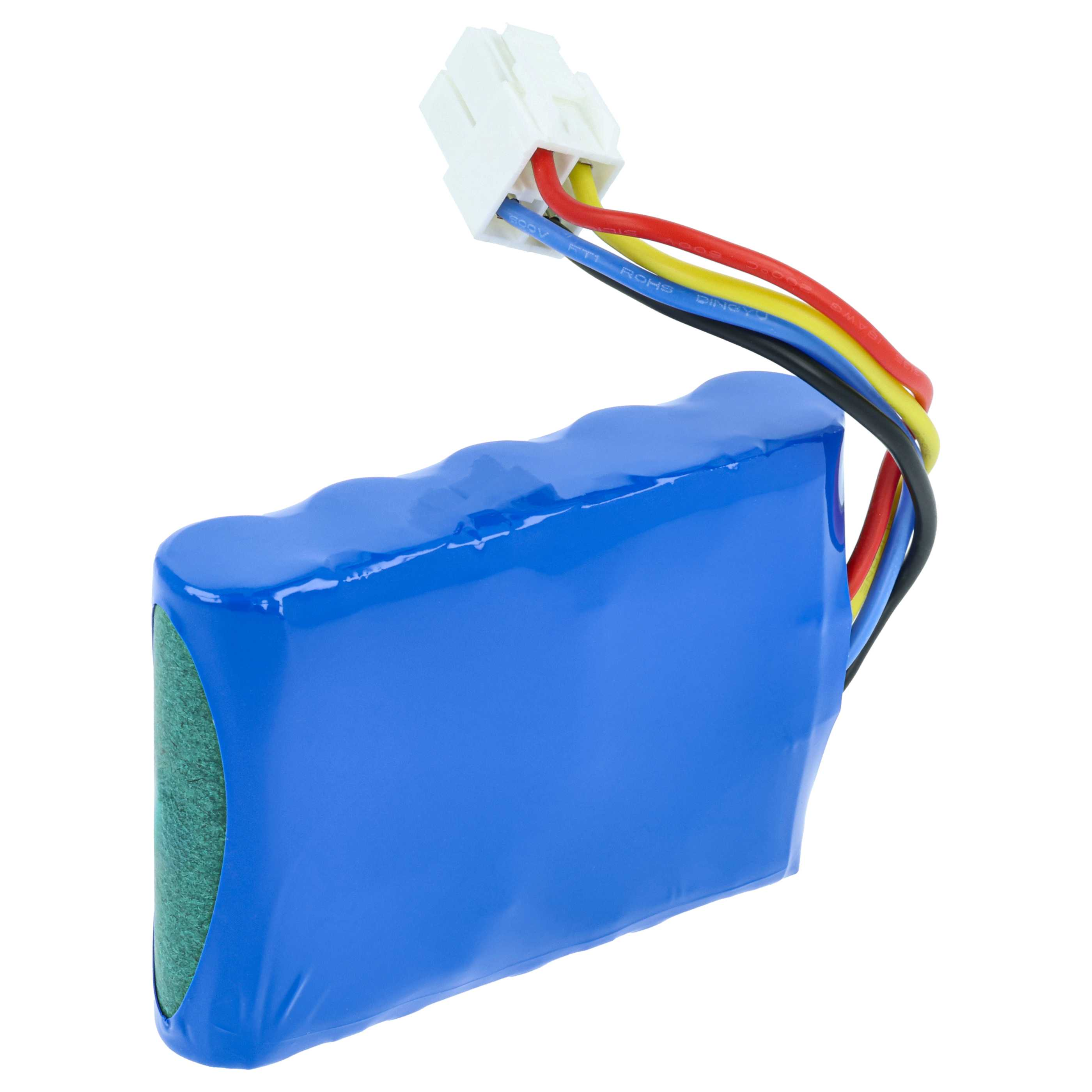 Ein blauer Akku mit roten, gelben und schwarzen Kabeln, die zu einem weißen Stecker führen.