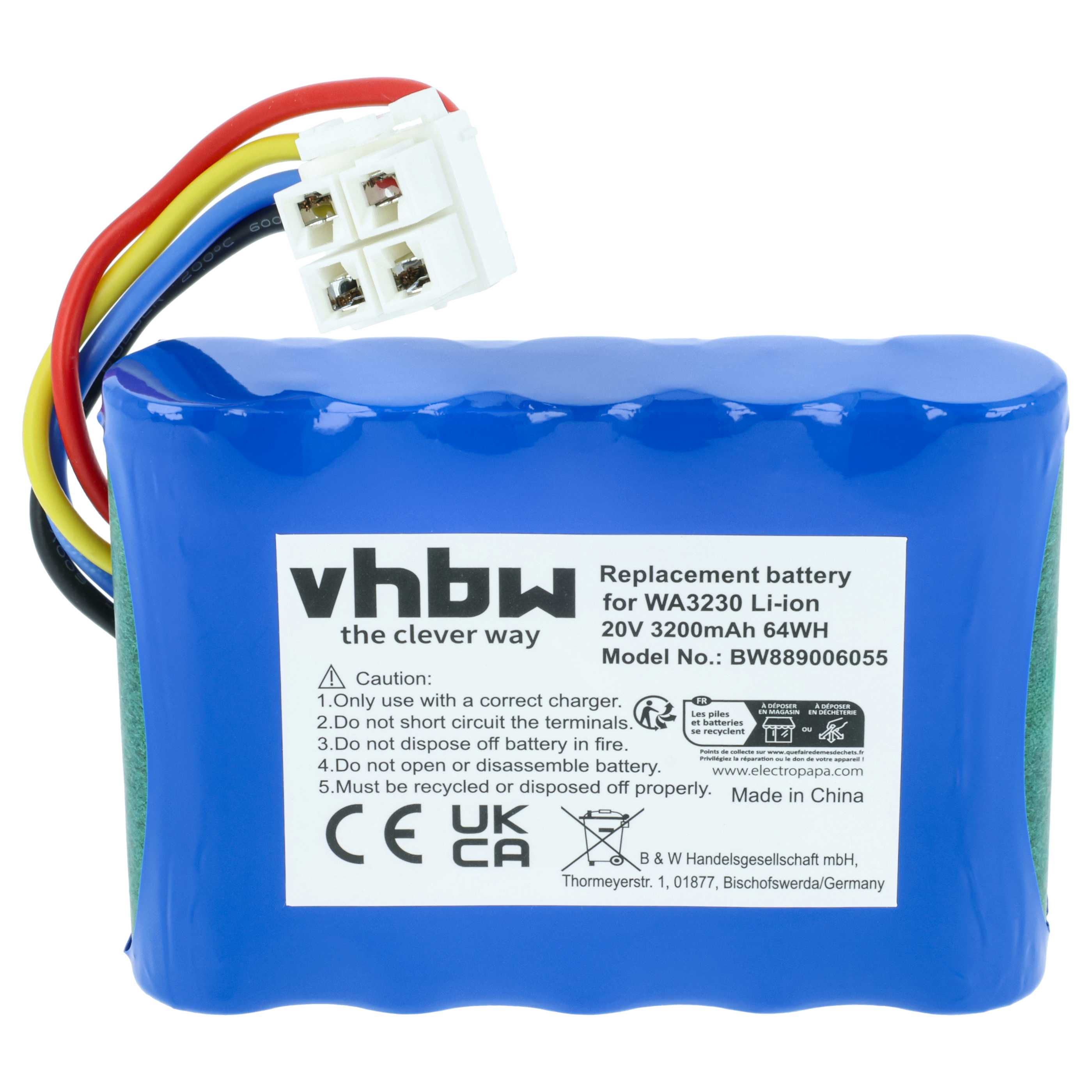 Blaue Vhbw Li-Ion Ersatzbatterie mit roten, gelben und schwarzen Kabeln, weißem Stecker und Warnhinweisen.