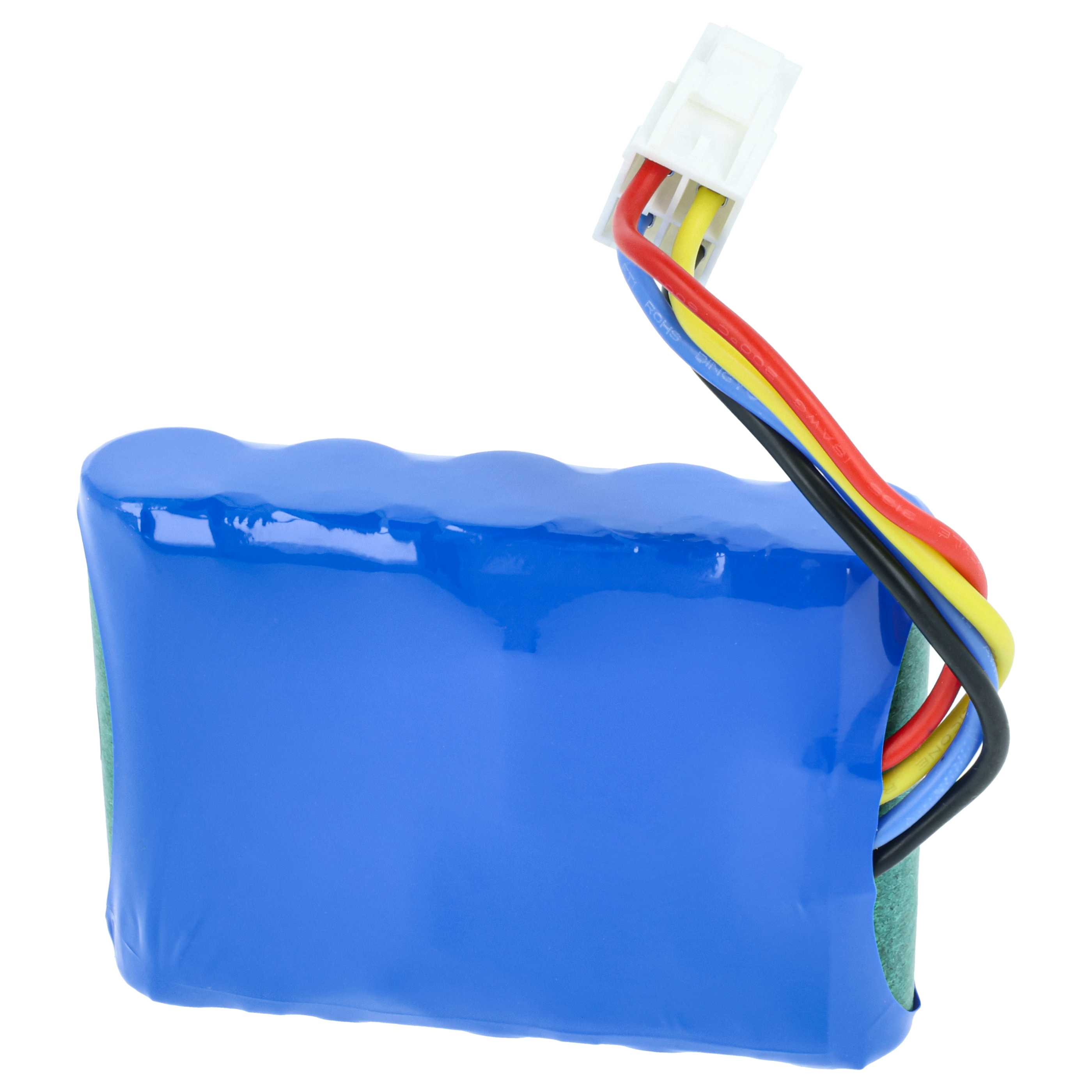 Ein rechteckiger blauer Akku mit roten, gelben, blauen und schwarzen Kabeln, die zu einem weißen Stecker führen.