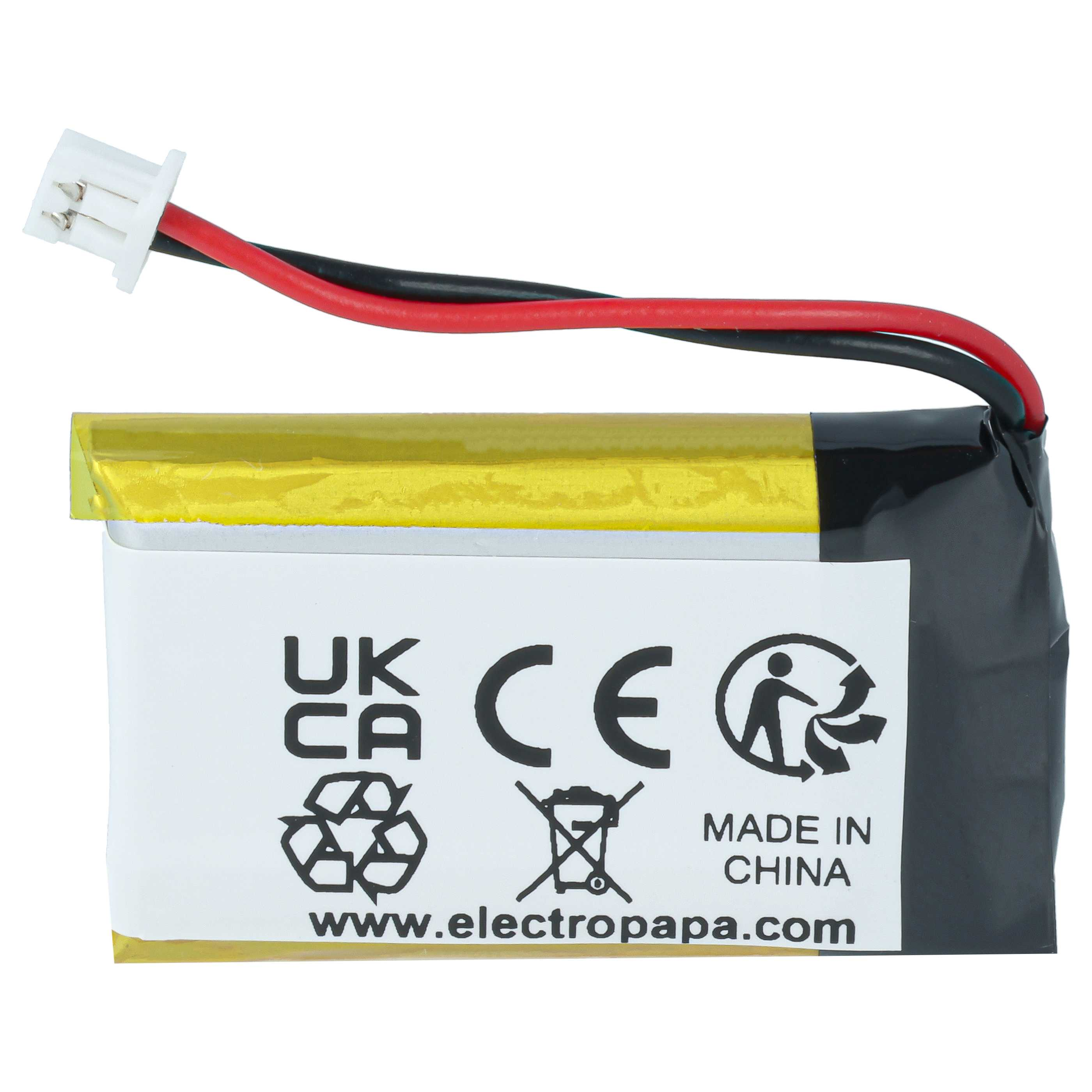 Eine kleine Lithium-Batterie mit roten und schwarzen Kabeln, weißem Stecker und CE-Kennzeichnung auf weißem Etikett.