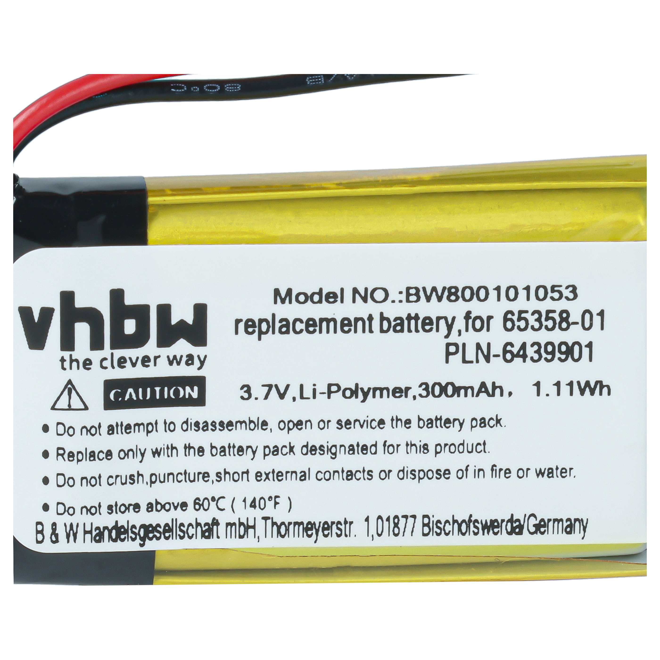 Eine gelb-schwarze vhbw Ersatzbatterie mit Text, Modellnummer und Sicherheitshinweisen auf einem weißen Etikett.