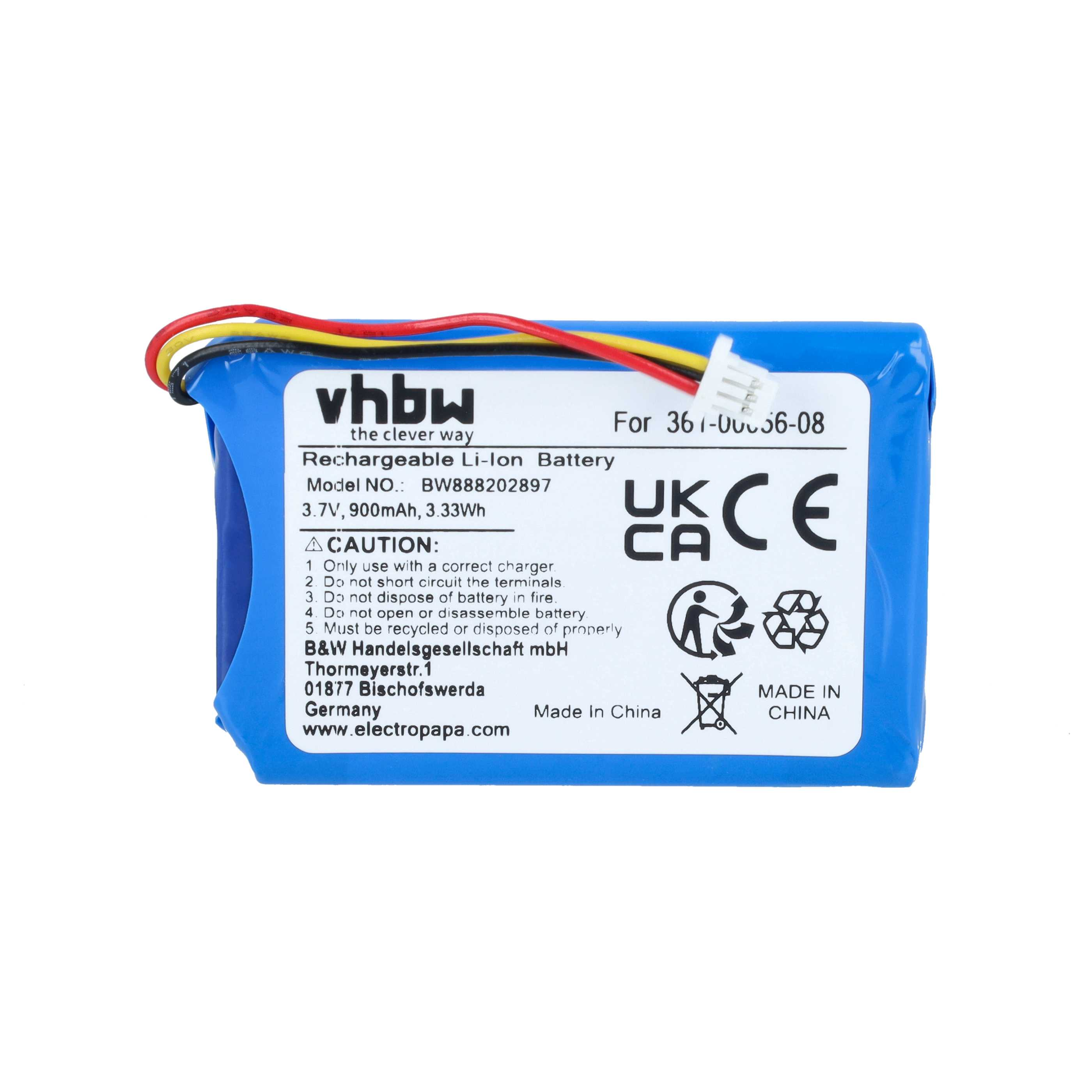 Ein blauer Li-Ion-Akku mit gelben, roten und schwarzen Kabeln und weißem Stecker.