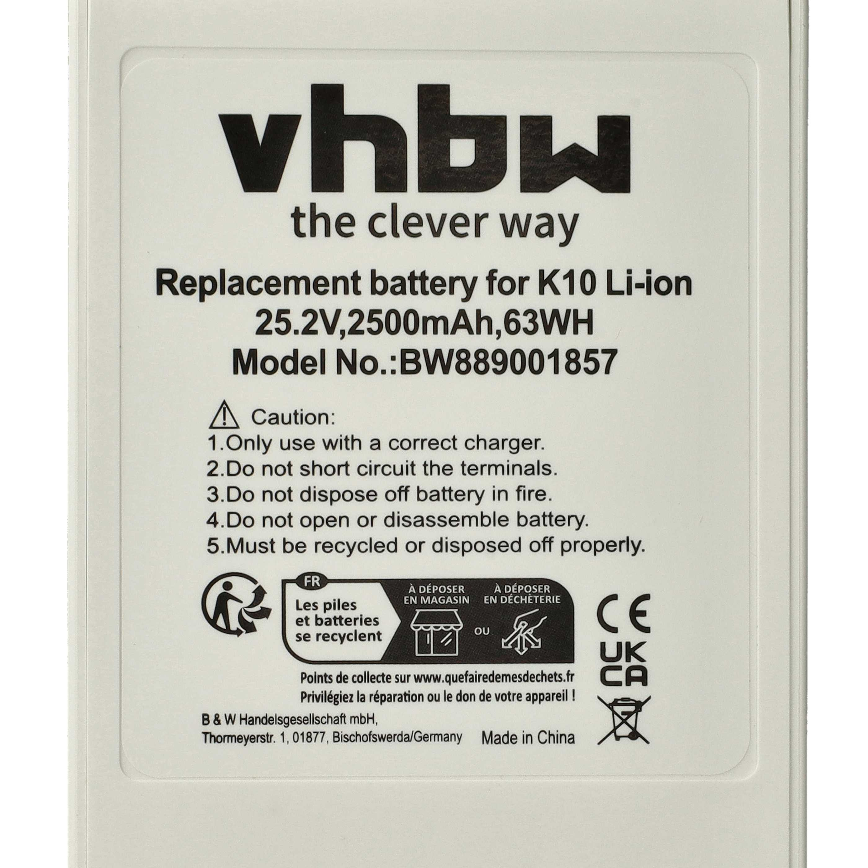 Aufkleber einer vhbw Ersatzbatterie mit technischen Daten, Warnhinweisen und Recyclingsymbolen.
