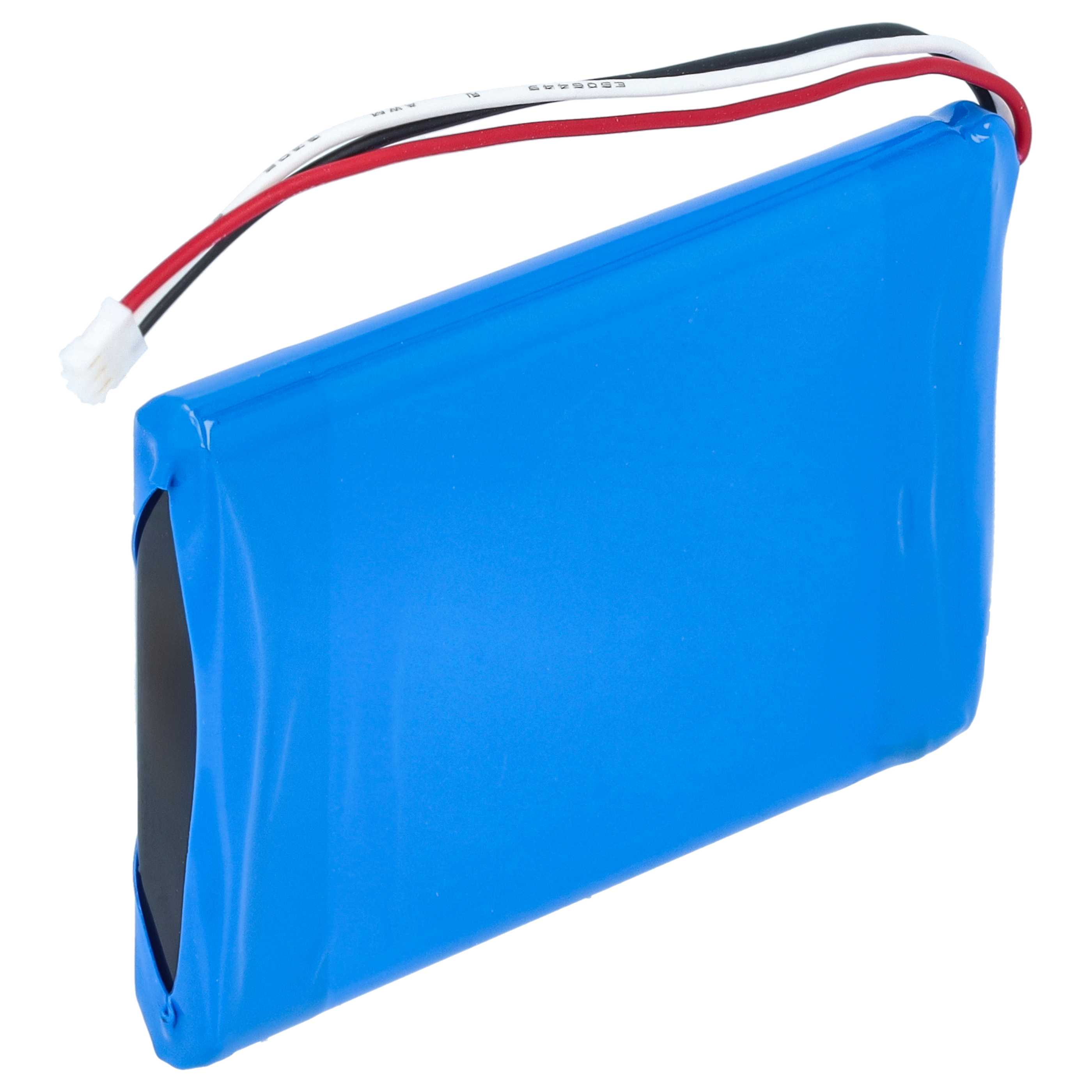 Eine rechteckige blaue Lithium-Polymer-Batterie mit roten, schwarzen und weißen Kabeln und einem weißen Stecker.