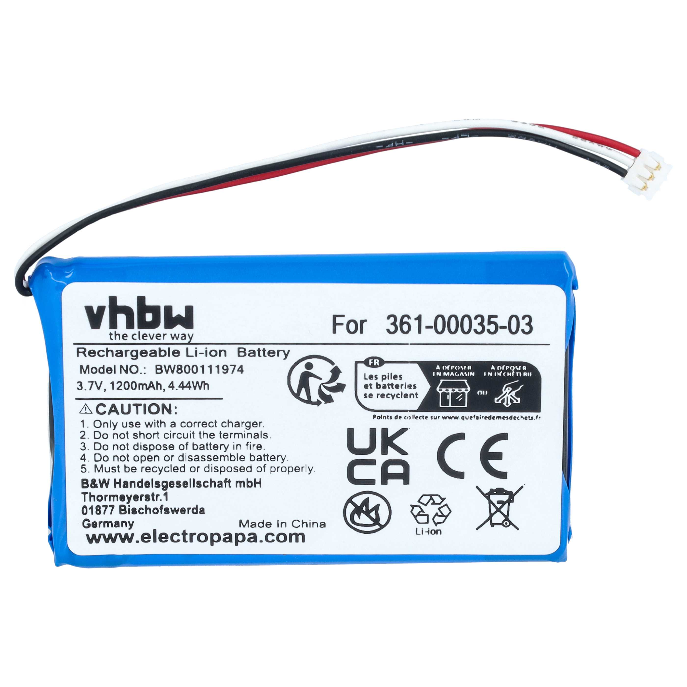 Blaue wiederaufladbare Li-Ion-Batterie mit weißem Etikett, technischen Daten, Warnhinweisen und angeschlossenem Kabel.