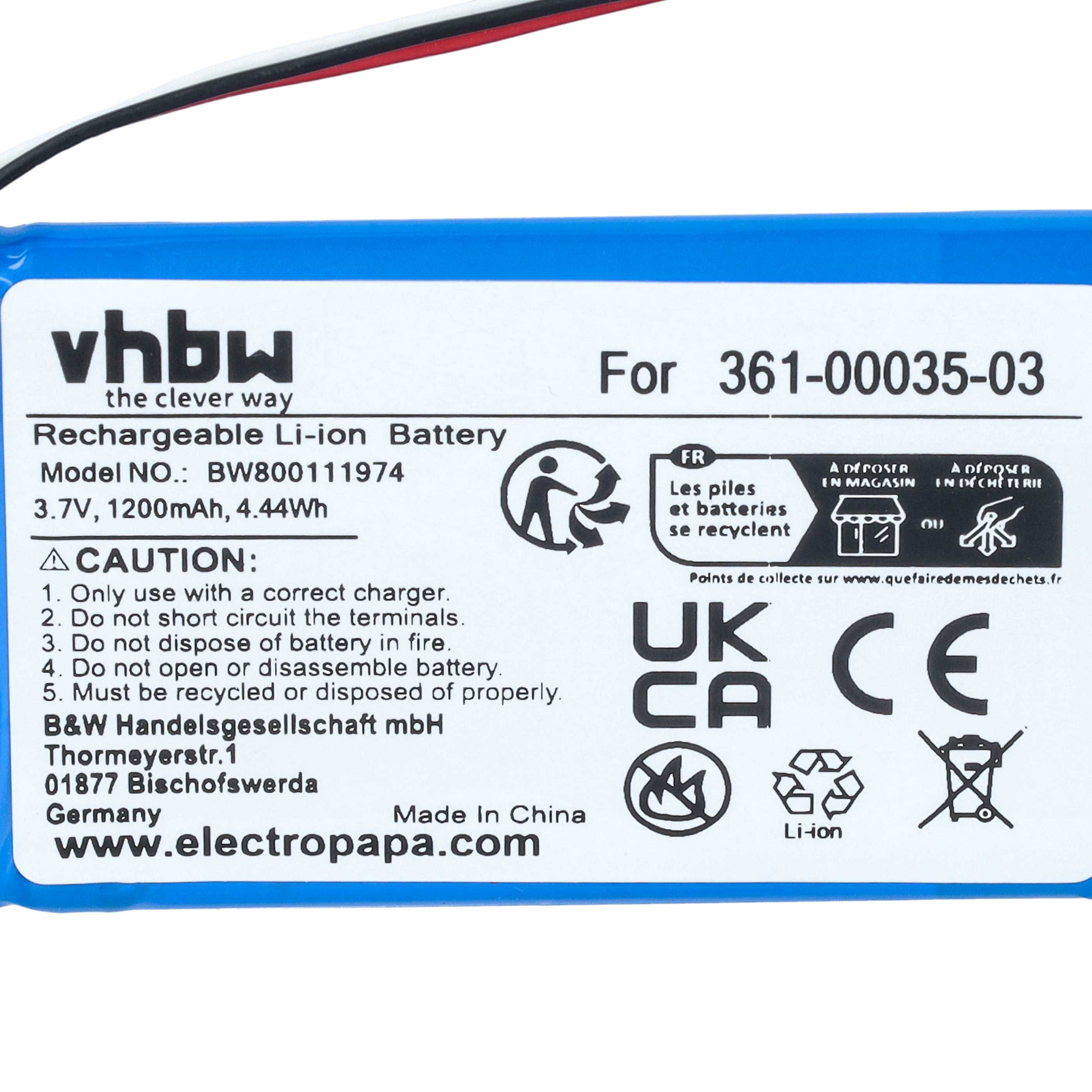 Blaue vhbw Li-Ionen-Akkukarte mit Modellnummer, technischen Daten und Recycling-Symbolen.