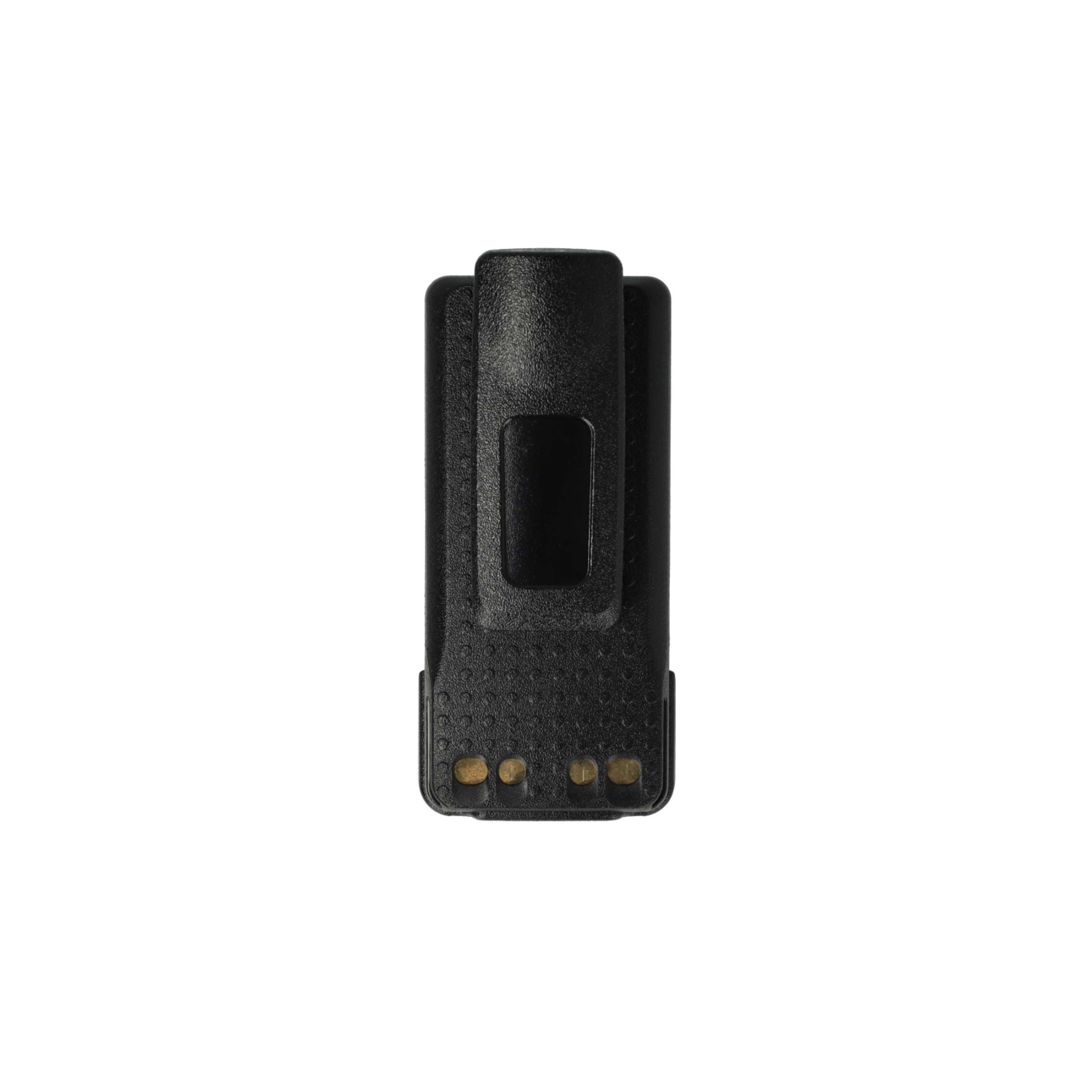 Schwarzer Lithium-Ionen-Akku mit integriertem Gürtelclip und vier goldenen Kontakten.