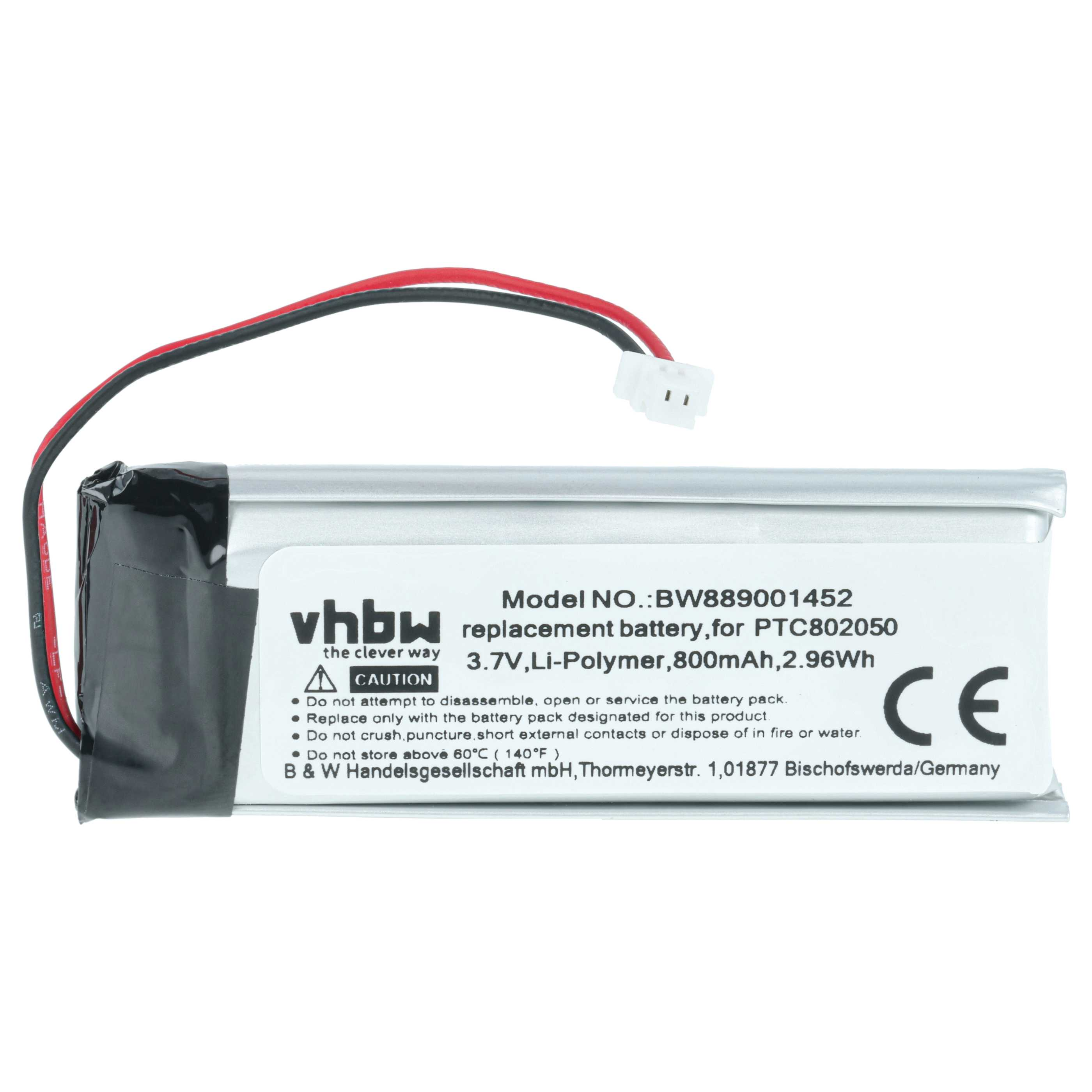 Li-Polymer-Ersatzakku mit Modellnummer, technischen Daten, Sicherheitshinweisen und Kabel mit Stecker.