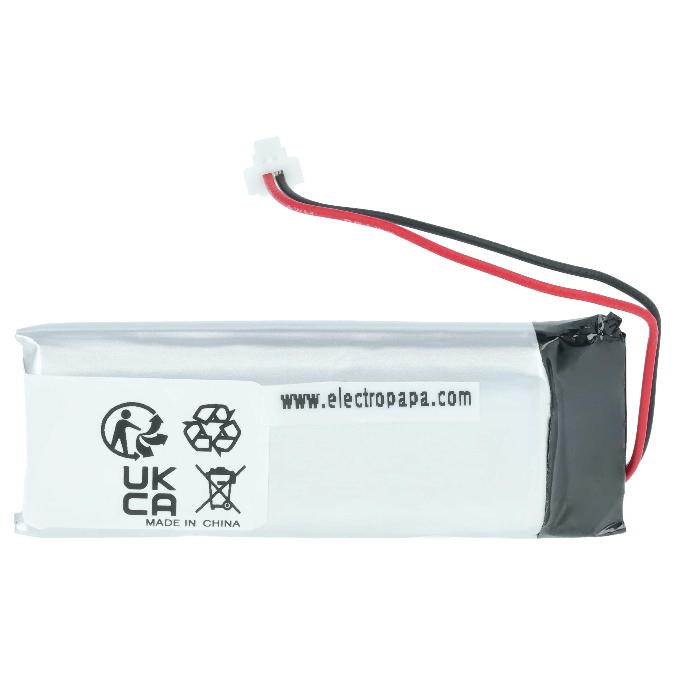 Silberner Akku mit roten und schwarzen Kabeln, weißem Stecker und Recycling-Symbolen.