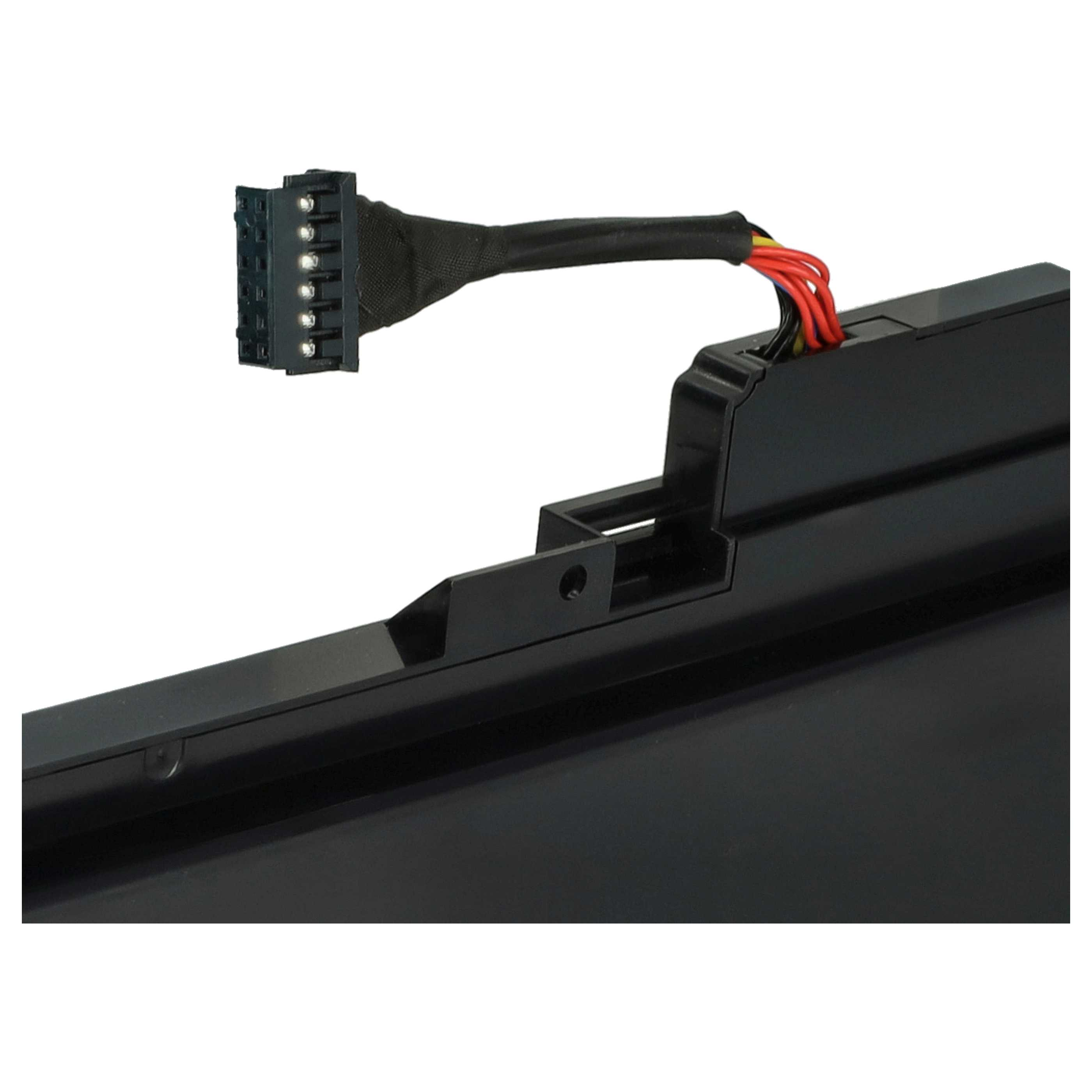 Ein schwarzer Laptop-Akku mit einem Kabel und Stecker, das oben herausragt.