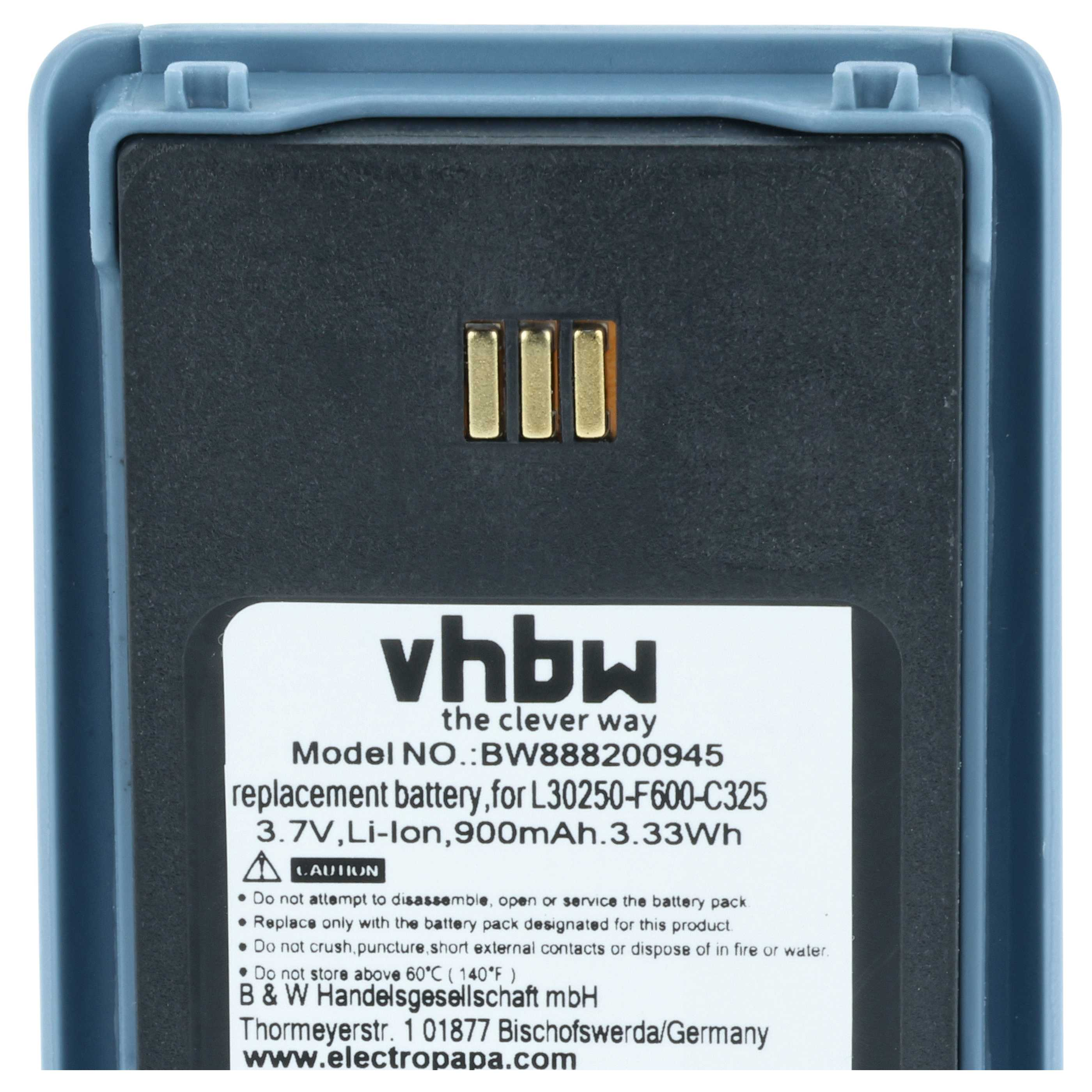 Eine graue und schwarze vhbw Ersatzbatterie mit Kontakten und Aufkleber.