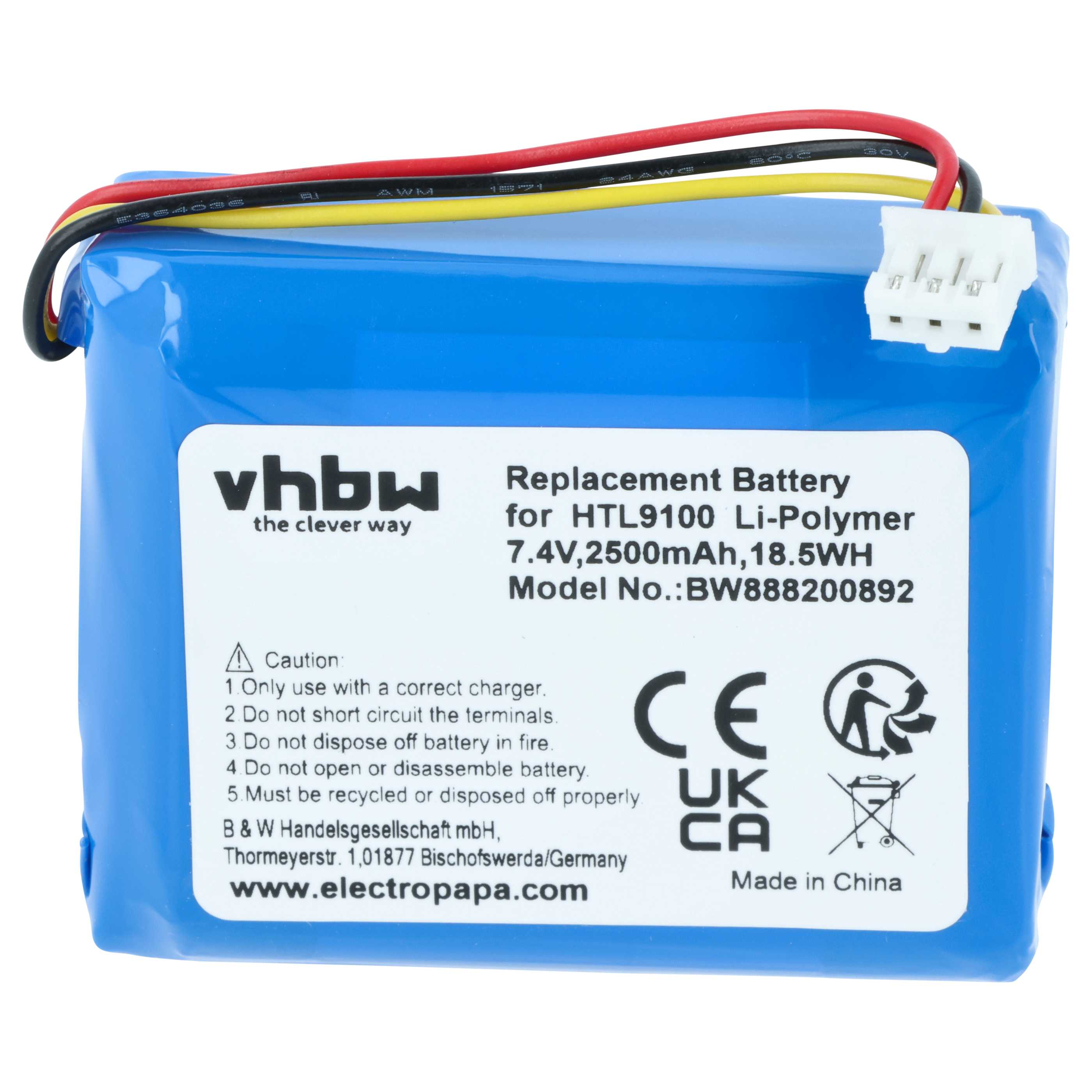 Blaue vhbw Ersatzakku mit Etikett, rot-schwarz-gelben Kabeln und weißem Stecker.
