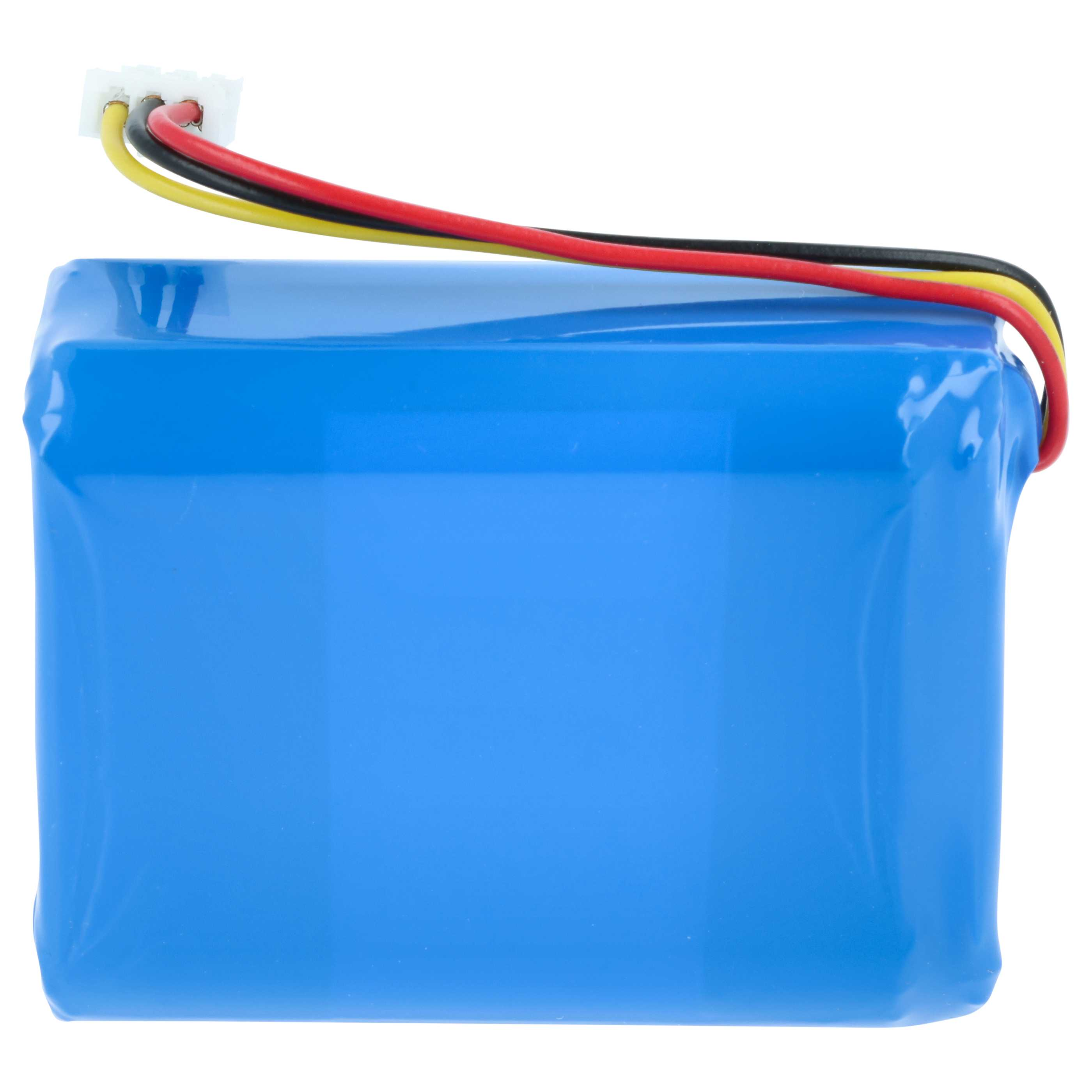 Ein rechteckiger blauer Akku mit drei farbigen Kabeln und einem Stecker.