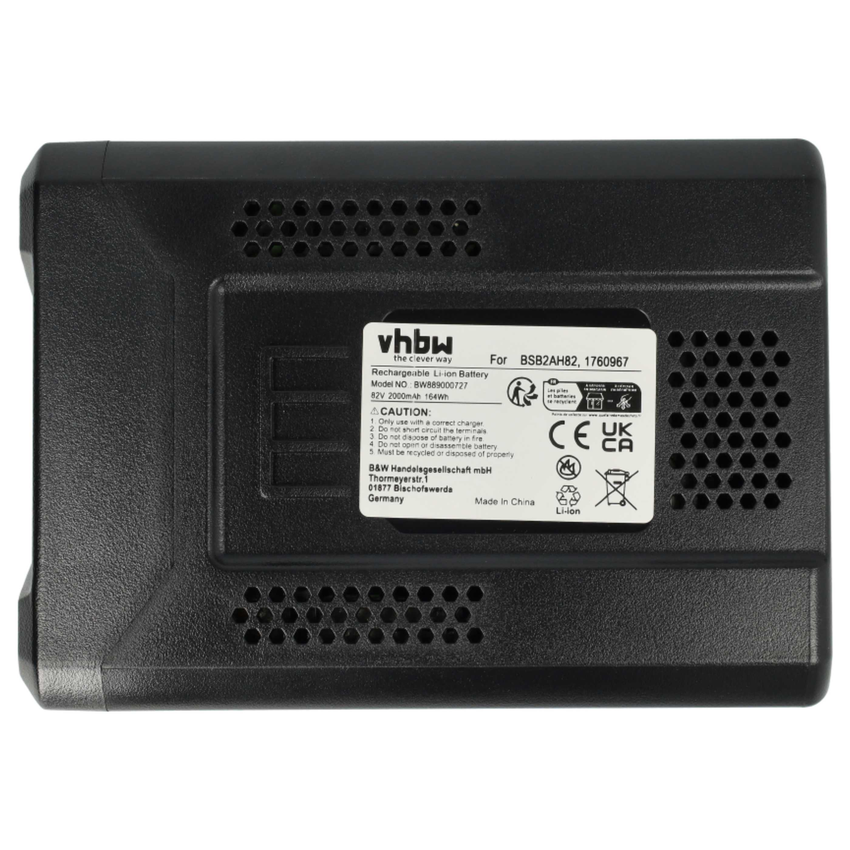Schwarzes vhbw Li-Ionen Akku-Ladegerät mit Sicherheits- und Recycling-Symbolen.