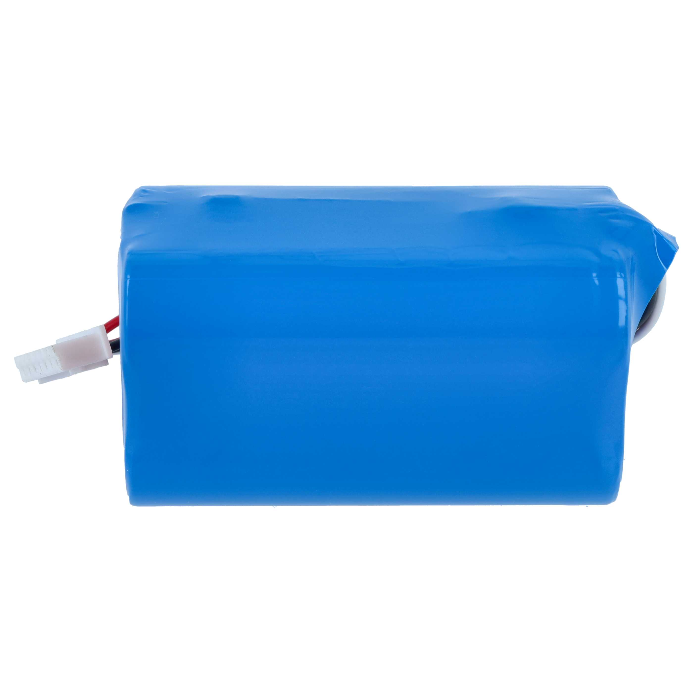 Ein rechteckiger, blau eingeschweißter Akku mit einem kleinen weißen Stecker und Kabeln auf der linken Seite.
