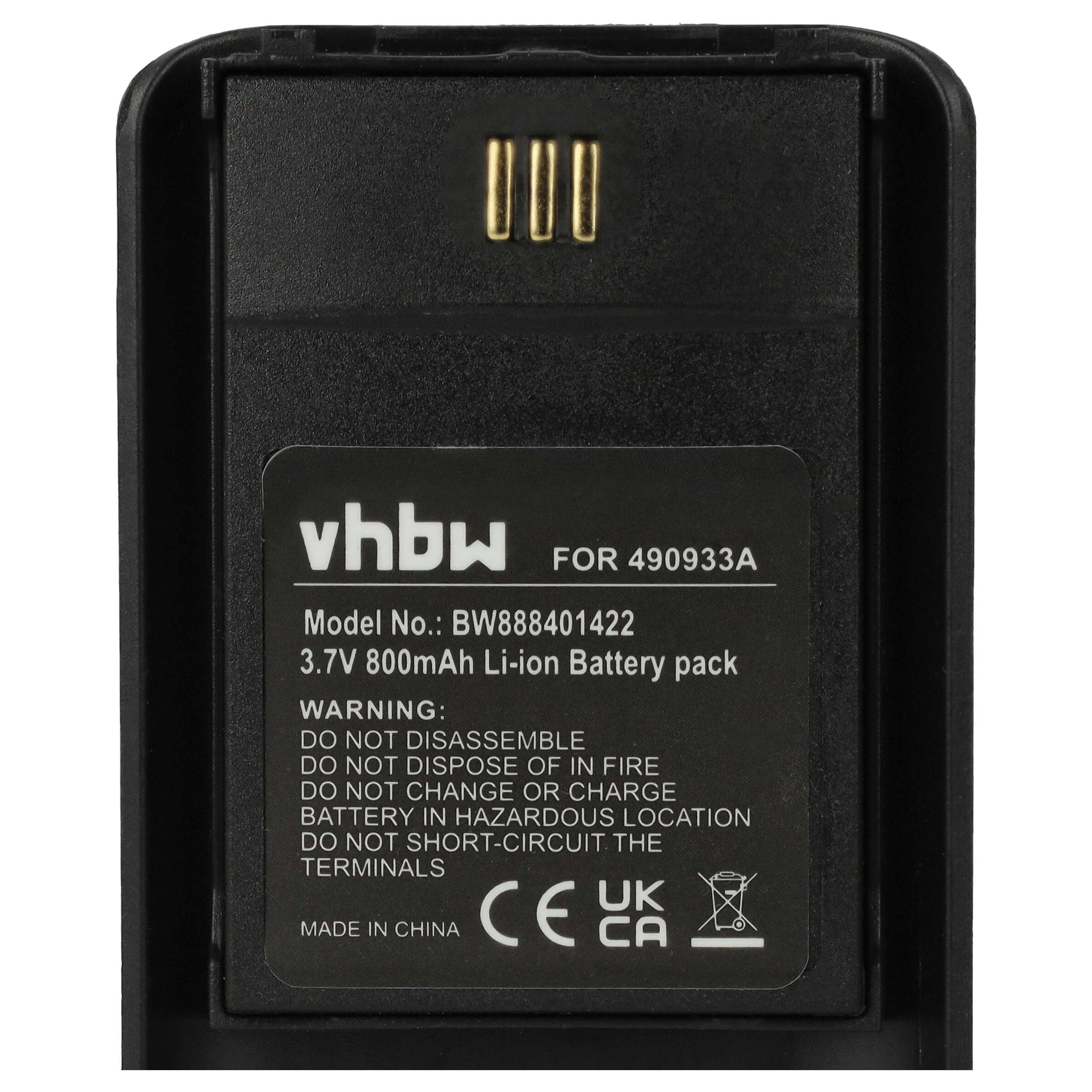 Schwarzer VHBW Li-Ion-Akku mit 3,7V und 800mAh, Warnhinweisen und Kontakten.