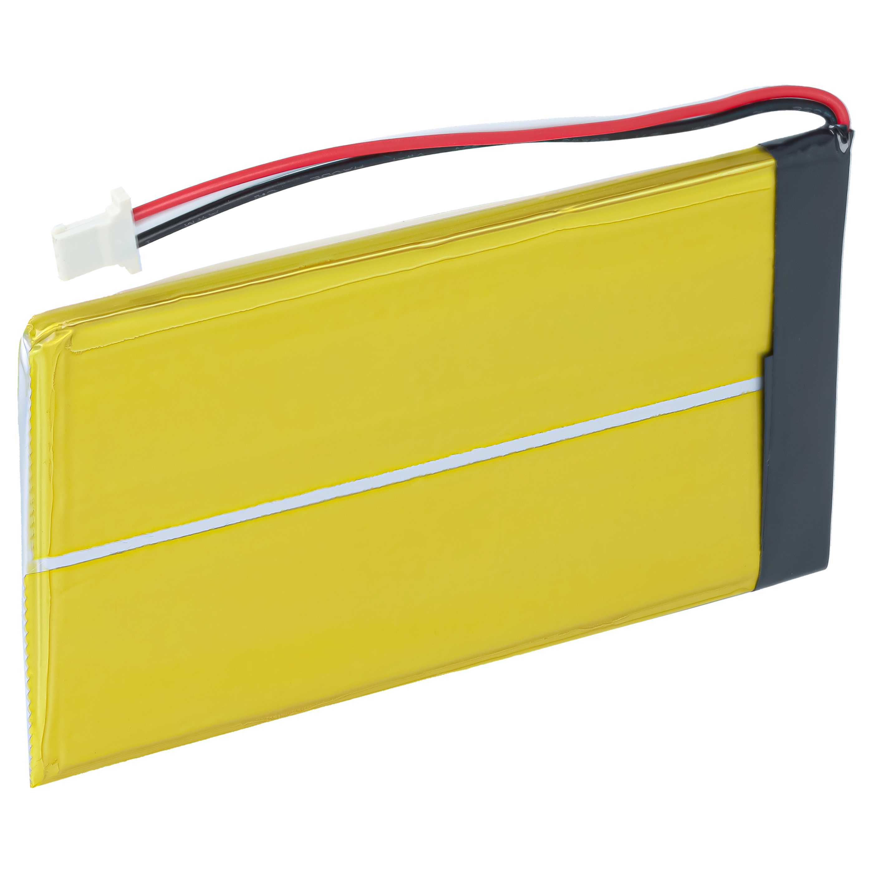 Gelber Lithium-Polymer-Akku mit roten und schwarzen Kabeln und weißem Stecker auf weißem Hintergrund.