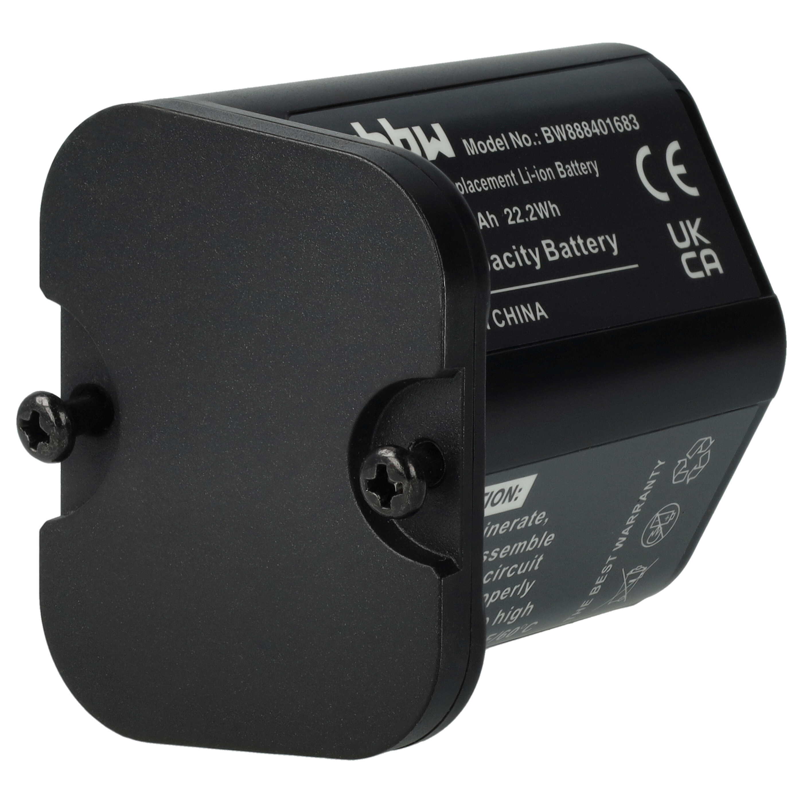 Eine schwarze rechteckige Elektronikkomponente mit zwei Befestigungsschrauben auf weißem Hintergrund.