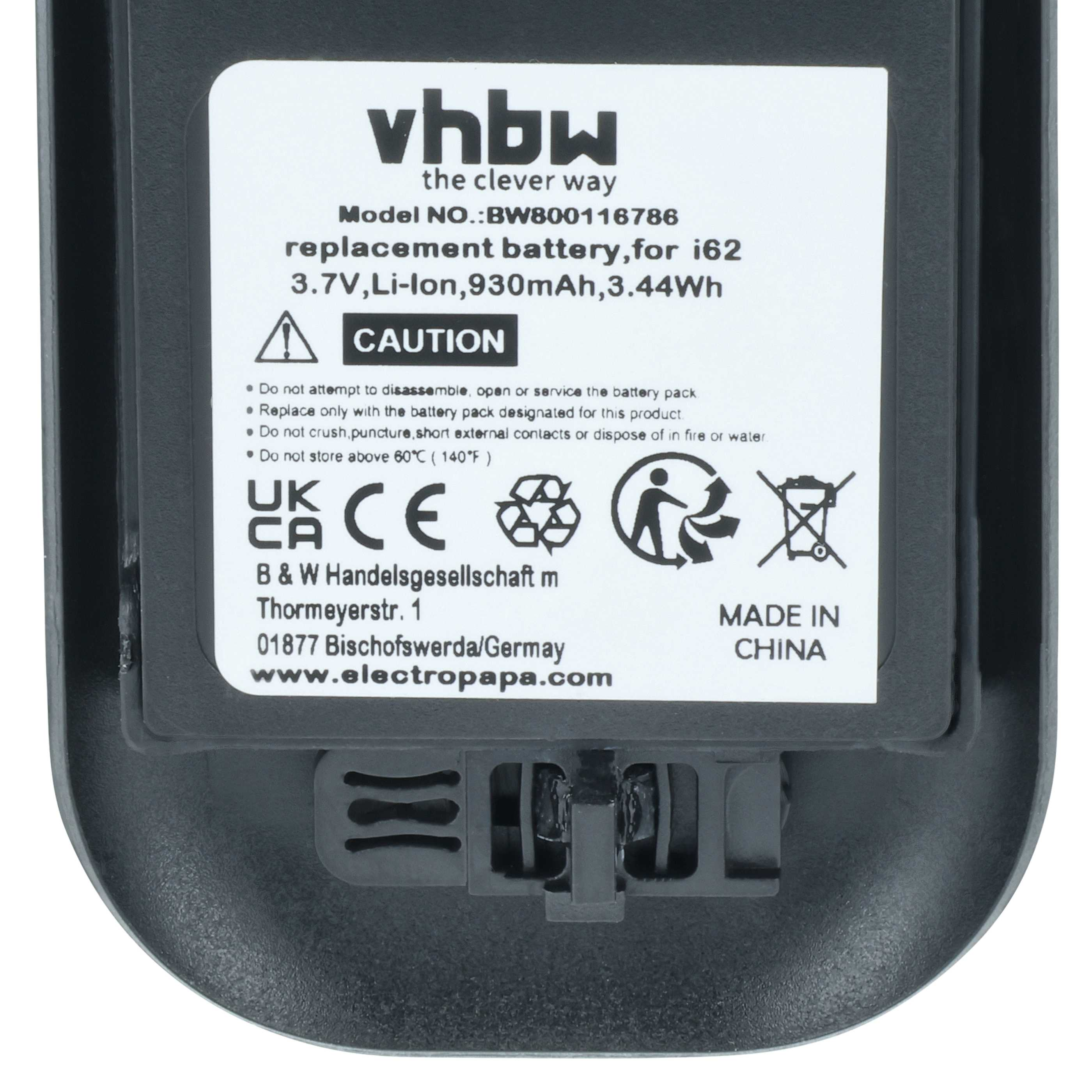 Etikett einer schwarzen vhbw Ersatzbatterie mit Spezifikationen und Warnhinweisen.