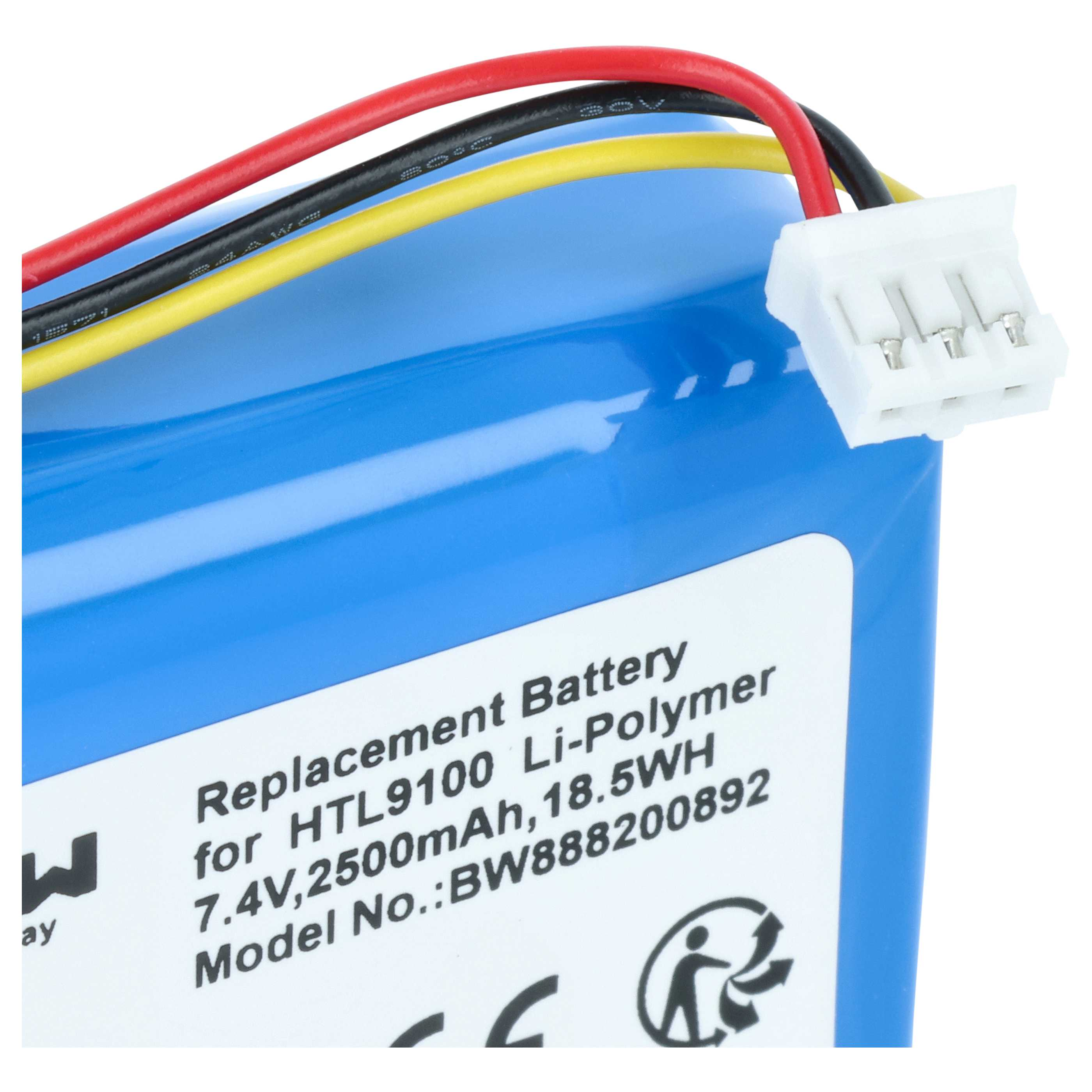 Blaue Ersatzbatterie mit rotem, schwarzem und gelbem Kabel und weißem dreipoligen Stecker.