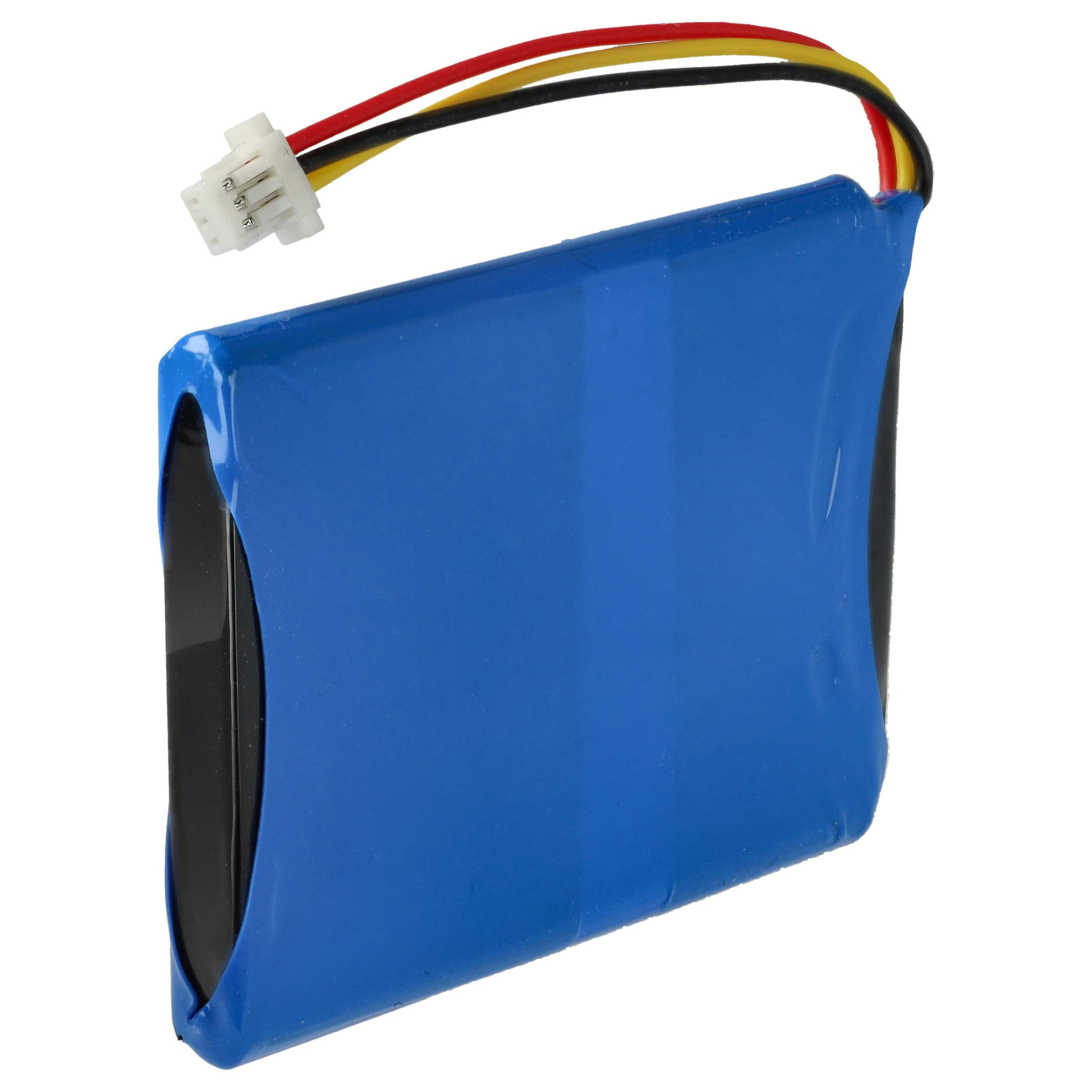 Ein rechteckiger, blauer Lithium-Akku mit einem dreipoligen weißen Stecker an roten, gelben und schwarzen Kabeln.