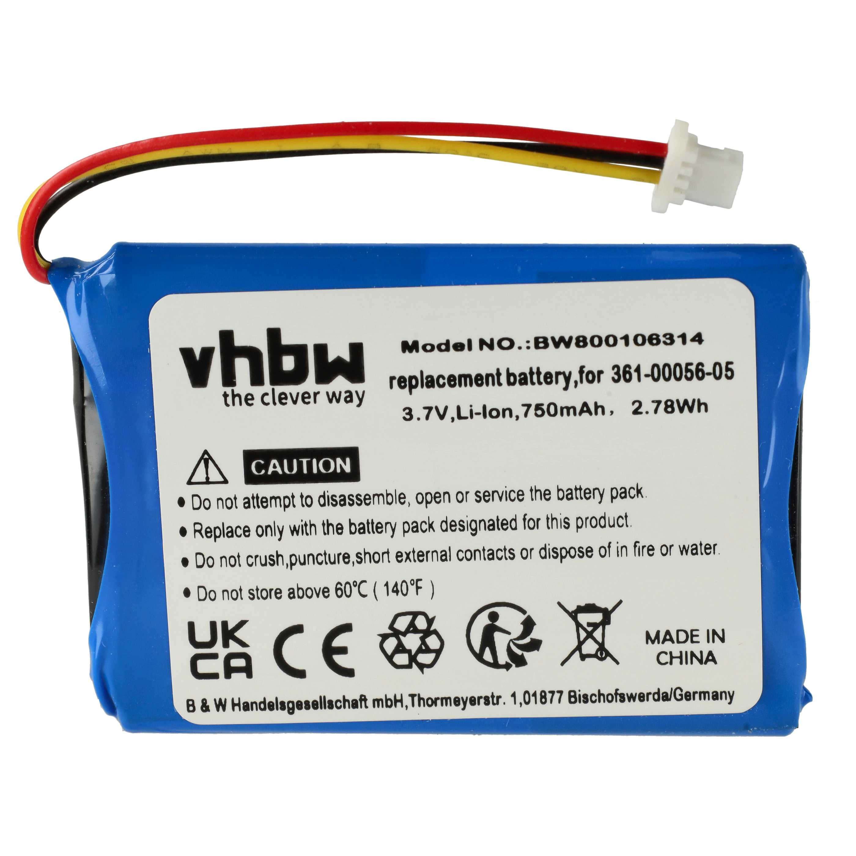 Ein blauer vhbw Ersatzakku mit roten, gelben und schwarzen Kabeln, die in einem weißen Stecker enden.