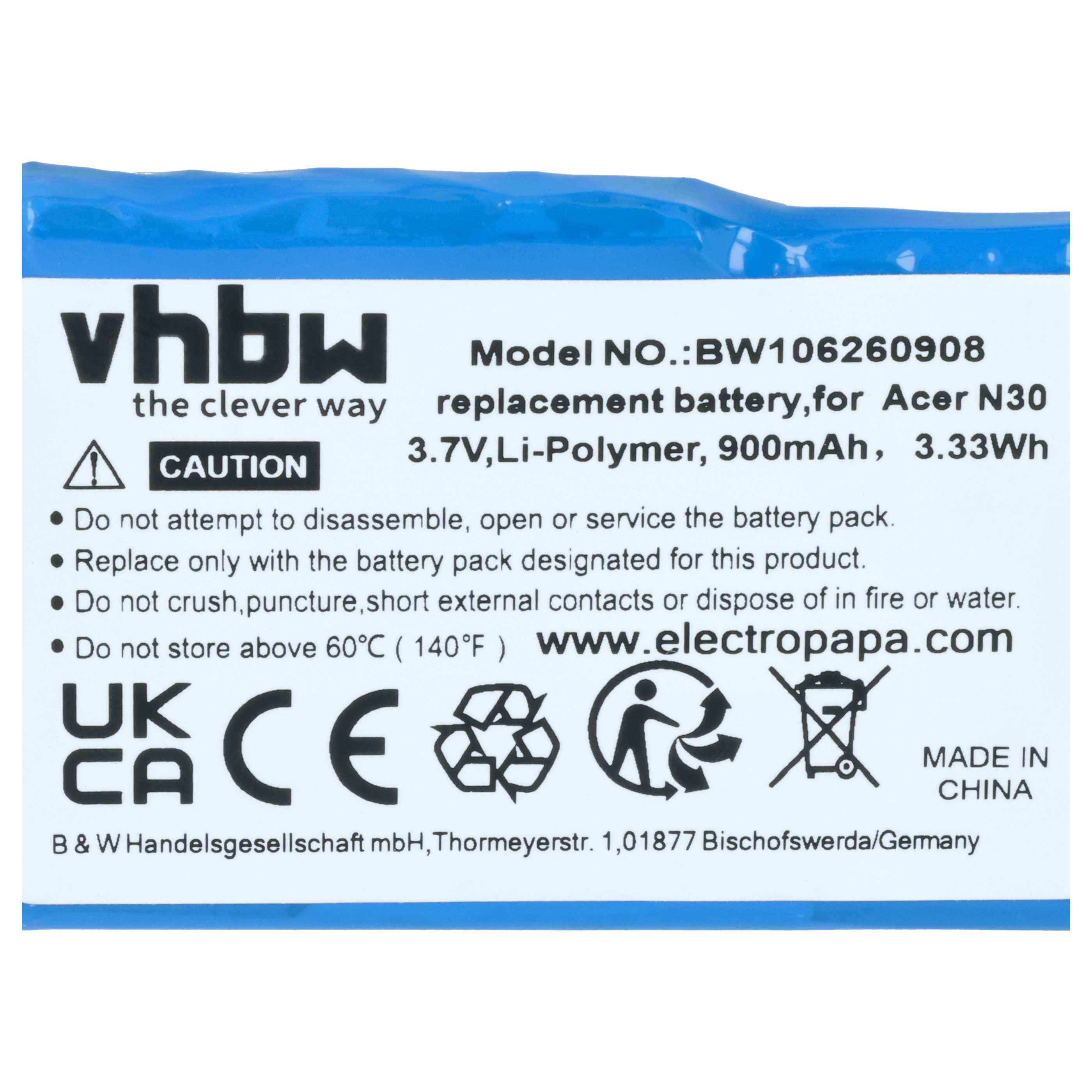 Blaue Ersatzbatterie mit Vhbw-Logo, Modellnummer, technischen Daten, Sicherheitshinweisen und Zertifizierungssymbolen.