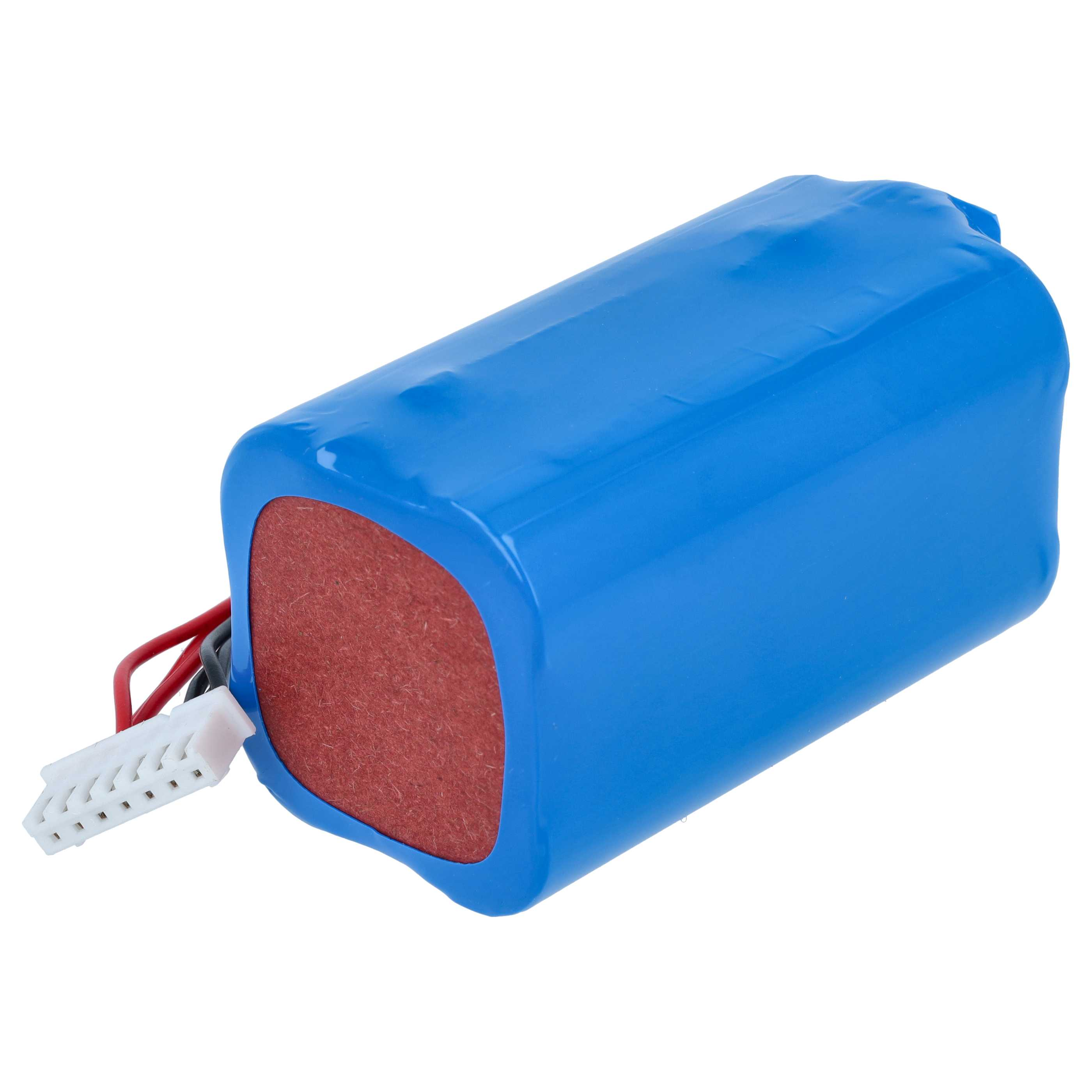 Ein rechteckiger, blauer Akku mit roten und schwarzen Kabeln, die in einem weißen Stecker enden, auf weißem Hintergrund.