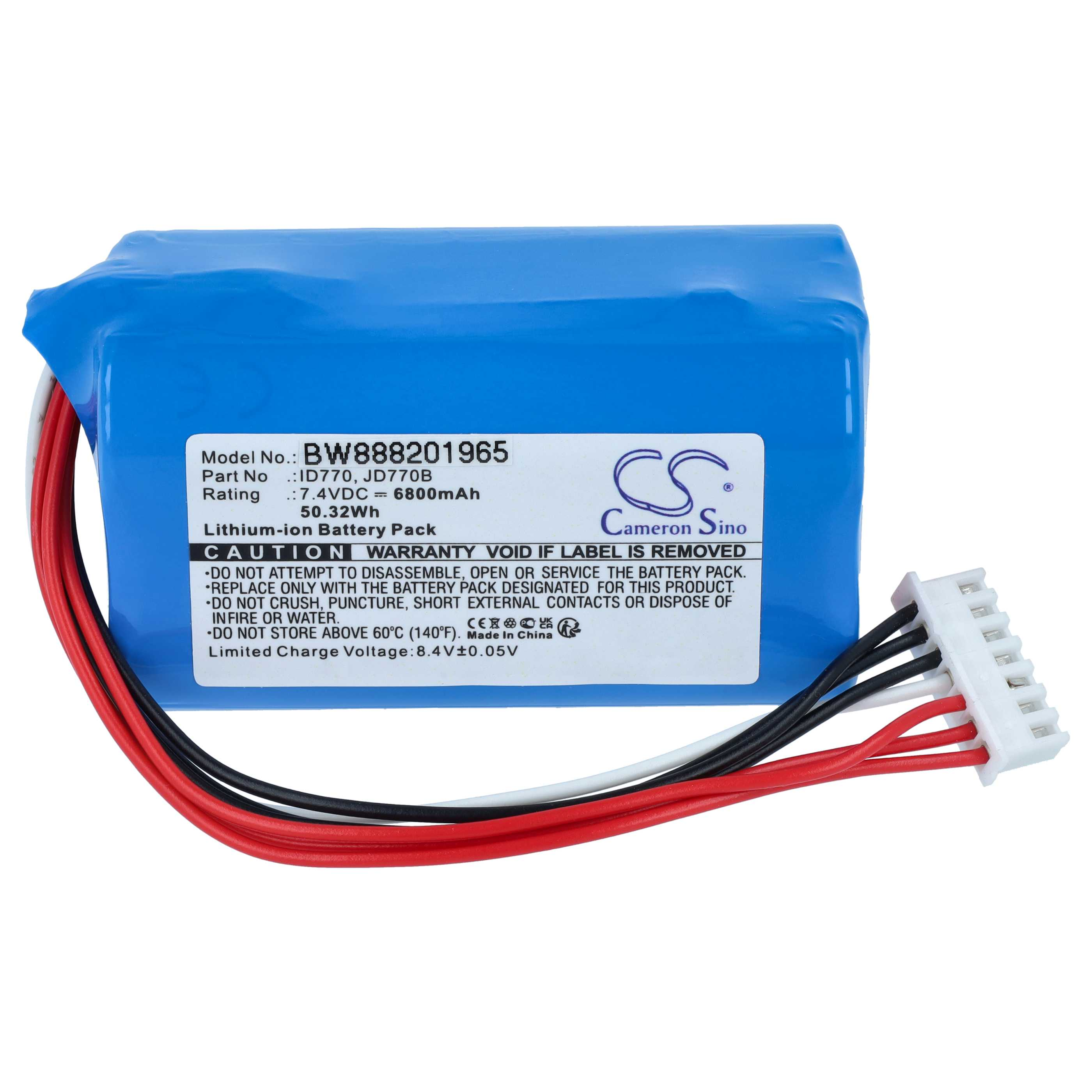 Ein blauer Lithium-Ionen-Akku mit Warnhinweisen und angeschlossenen roten, schwarzen und weißen Kabeln.
