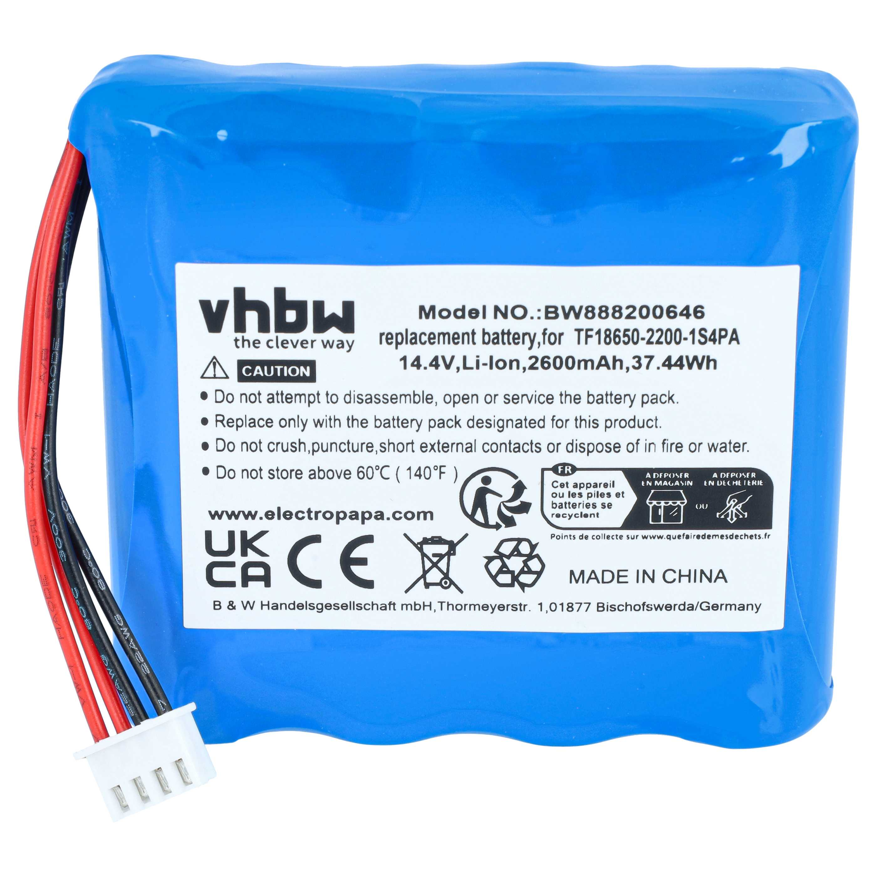 Ein blauer vhbw Ersatzakku mit Etikett, roten und schwarzen Kabeln und weißem Stecker.