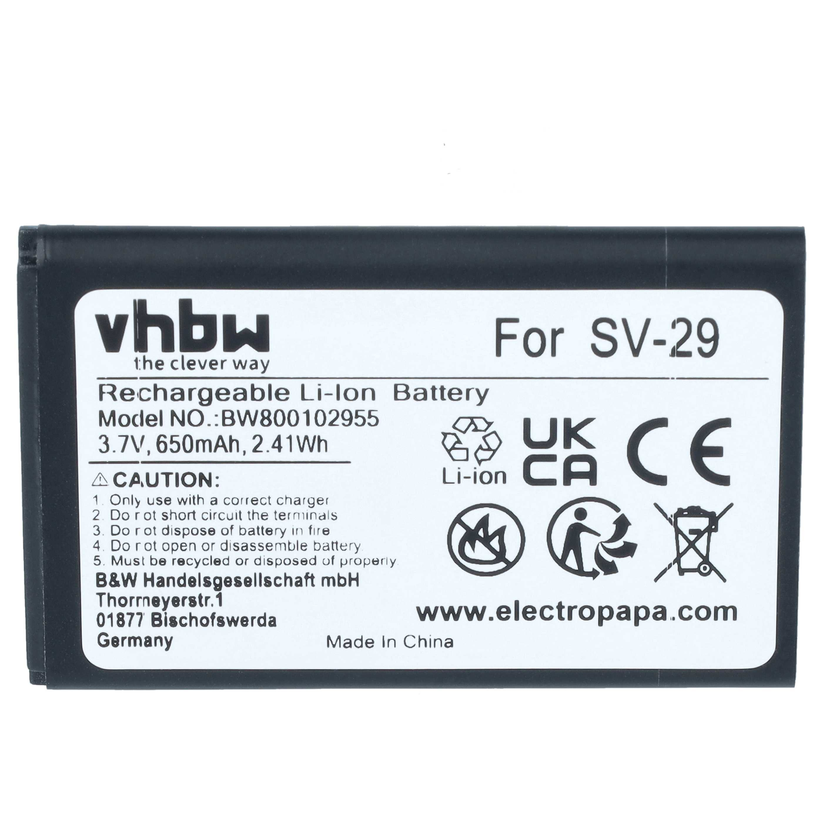 Schwarzer VHBW Li-Ion-Akku für SV-29 mit technischen Daten, Vorsichtsmaßnahmen und CE-Zeichen.