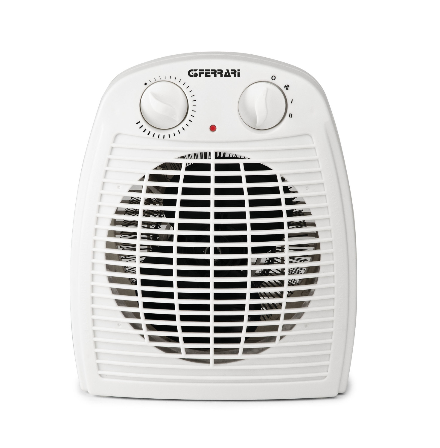 Un termoventilatore elettrico bianco G3 Ferrari con due manopole e griglia nera su sfondo bianco.
