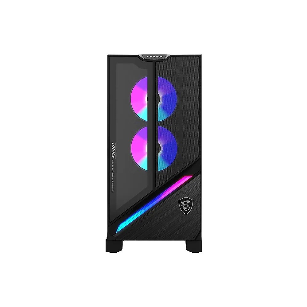 Czarna obudowa PC MSI z dwoma podświetlanymi wentylatorami i paskiem RGB.