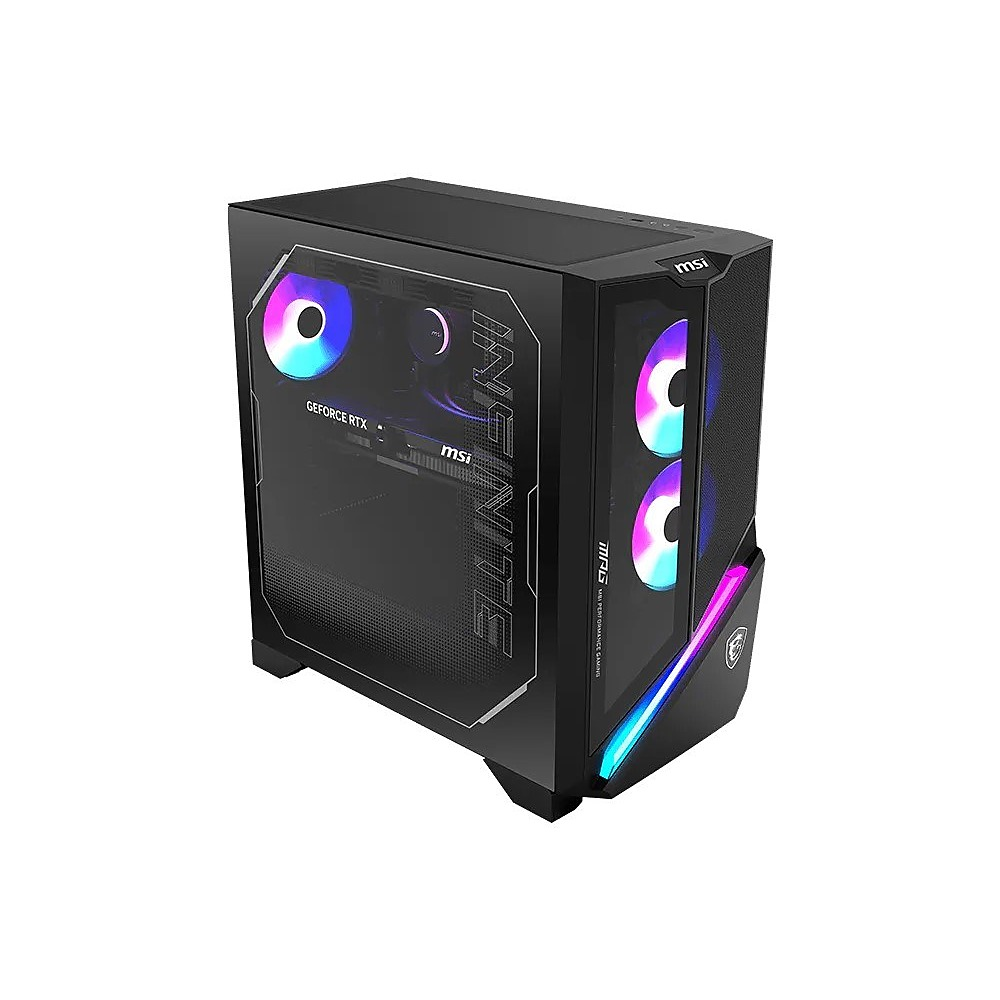 Czarna obudowa komputerowa MSI z żywym podświetleniem RGB na wentylatorach i przednim panelu.