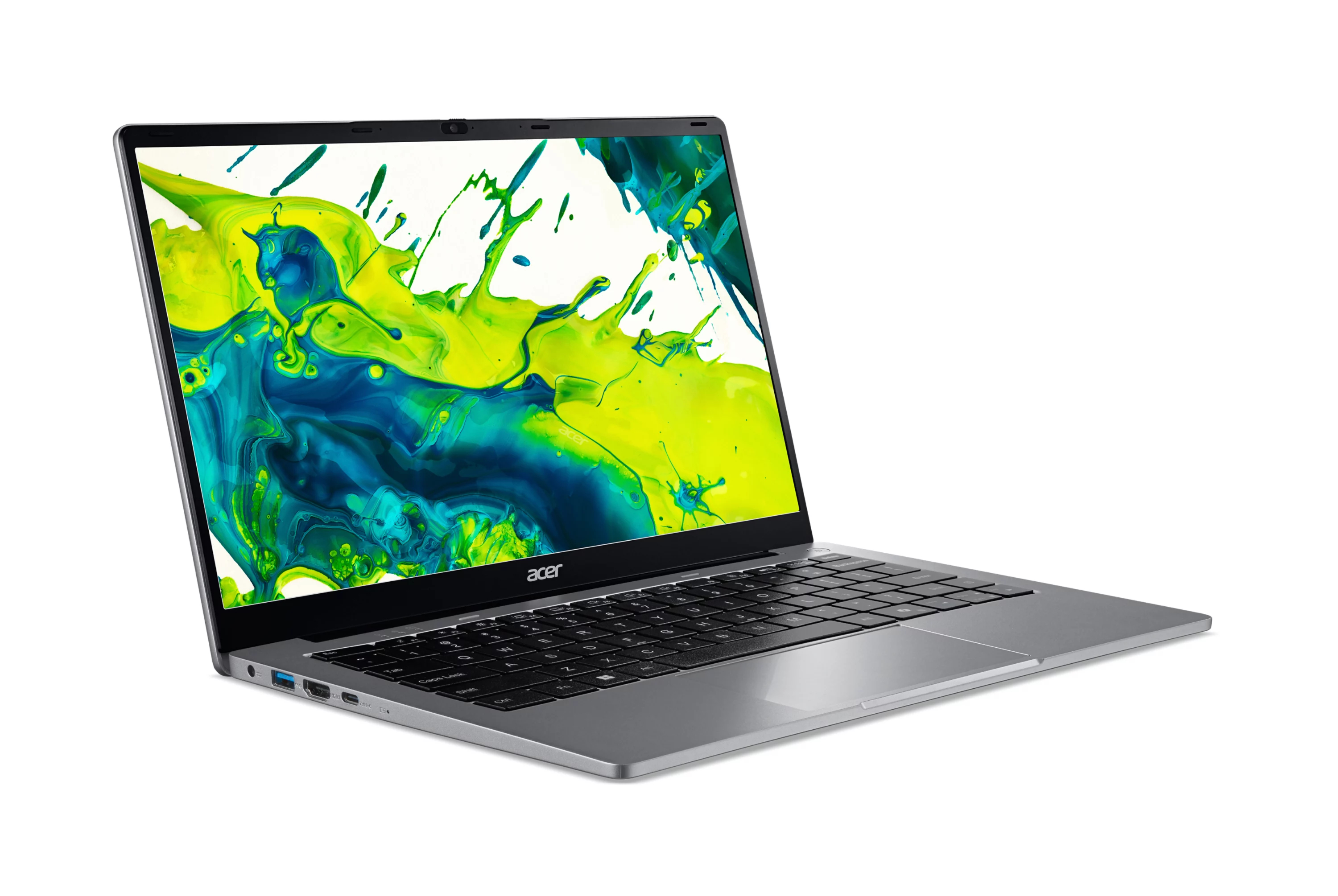 Un laptop Acer argentato con schermo aperto che mostra un colorato design a spruzzi su sfondo bianco.