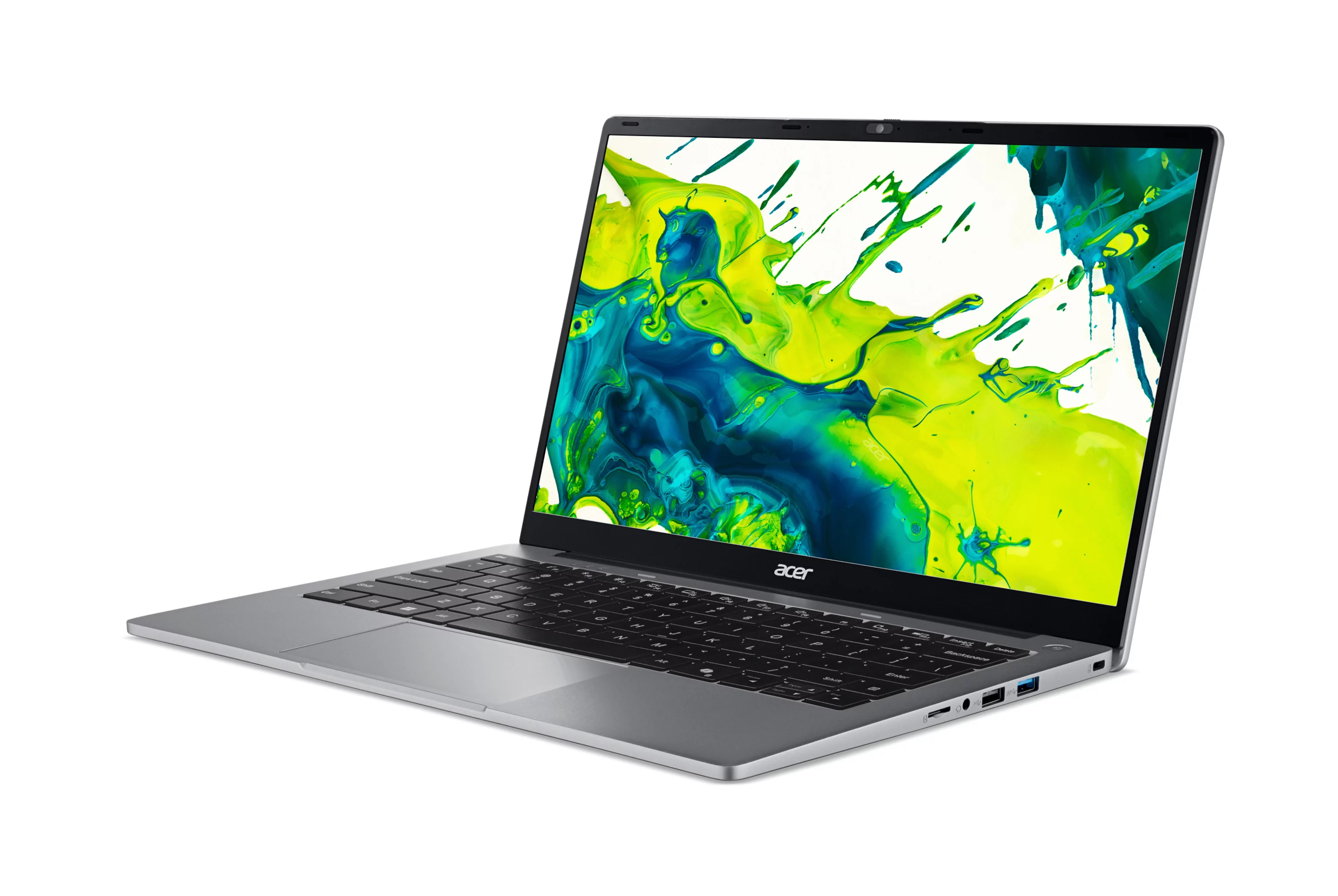 Un computer portatile Acer argentato mostra uno schermo colorato.