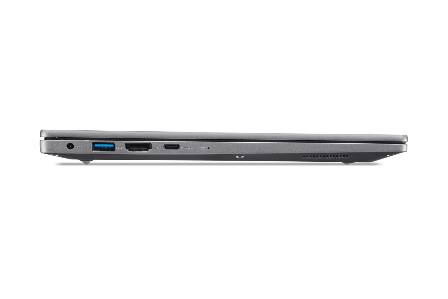Vista laterale di un laptop grigio con porte USB, HDMI e USB-C.