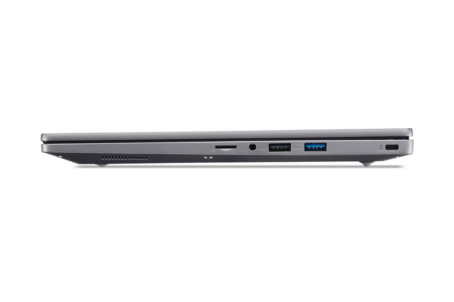 Vista laterale di un laptop grigio con porte USB e jack audio.