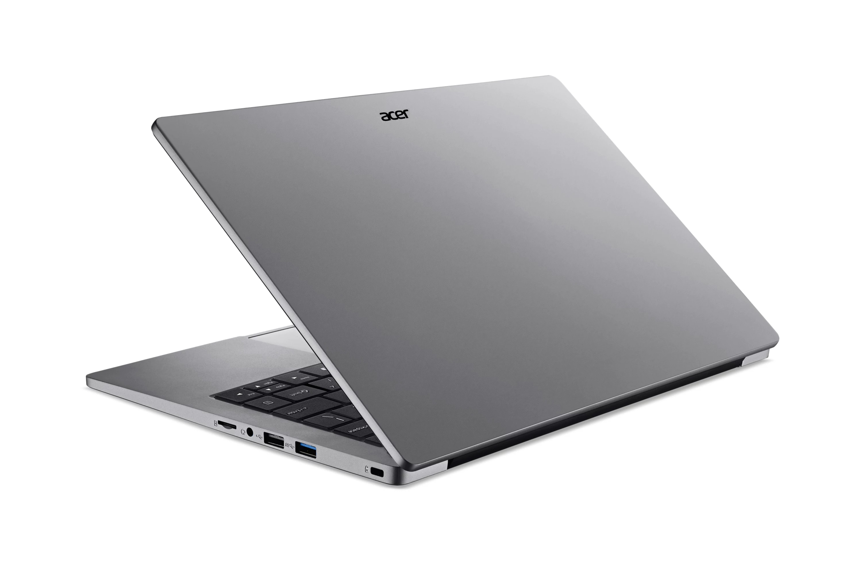 Un laptop Acer argento su sfondo bianco, vista laterale che mostra porte e tastiera.