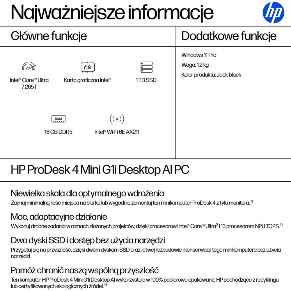 Specyfikacja techniczna i cechy komputera stacjonarnego HP ProDesk 4 Mini G1i Desktop AI PC.