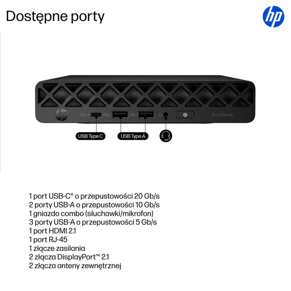 Widok z przodu komputera mini HP ProDesk z portami USB, gniazdem audio i przyciskiem zasilania.