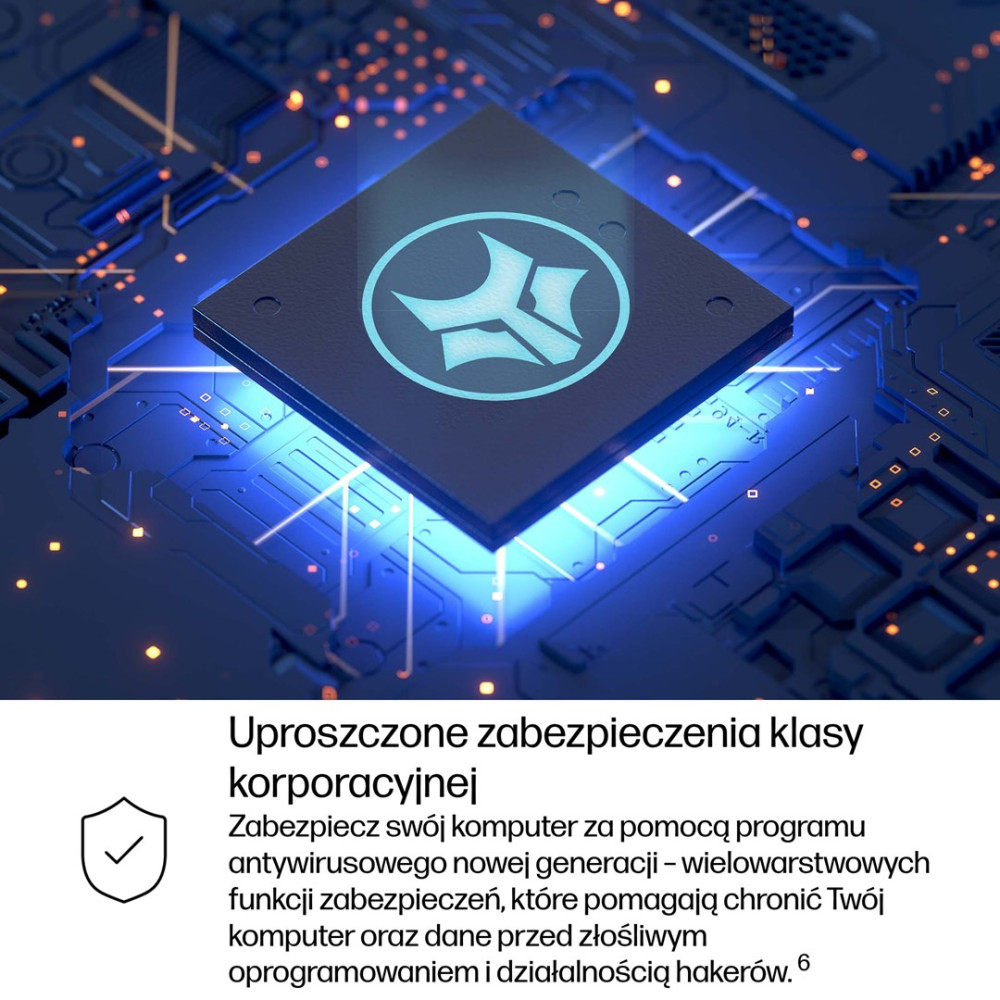 Niebieska płyta główna z centralnym chipem i świecącymi elementami, z polskim tekstem na dole.