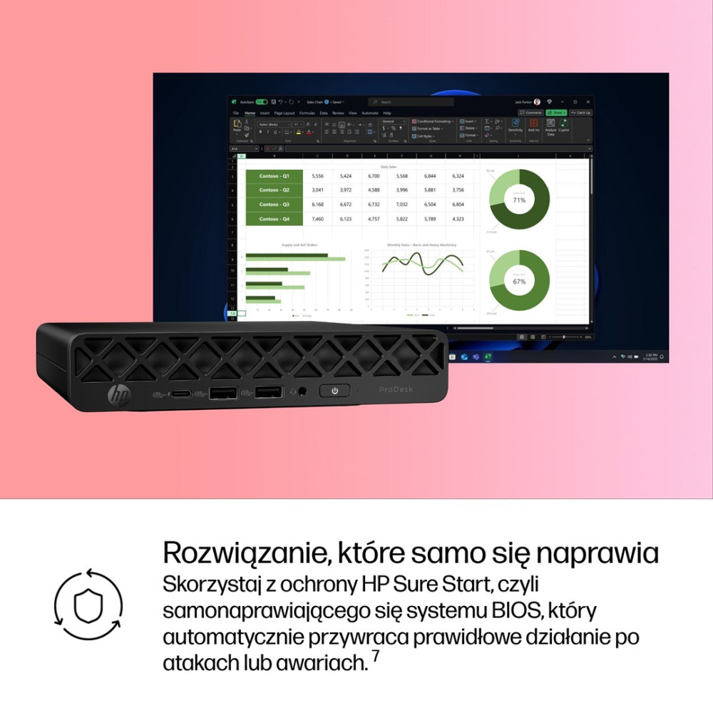 Mini komputer HP ProDesk stoi pod monitorem z arkuszami kalkulacyjnymi, na różowym tle.