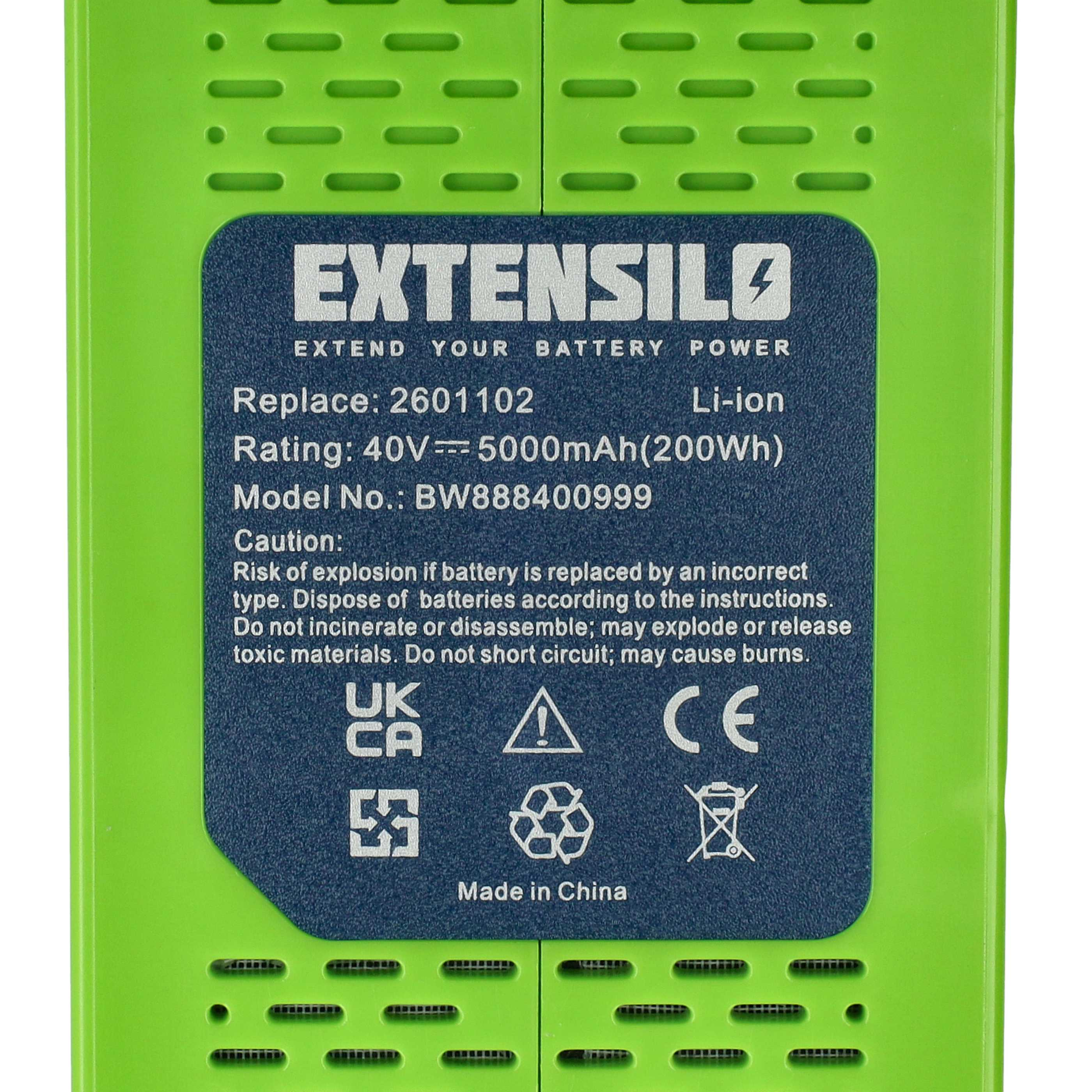 Etikett auf grünem Gerät mit Text Extensilo, technischen Daten 40V 5000mAh und Sicherheitshinweisen.