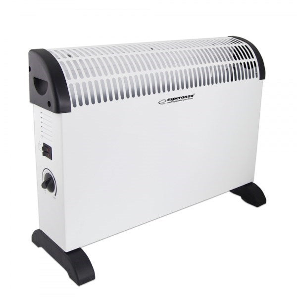 Calefactor eléctrico de convección blanco y negro sobre soportes negros en fondo blanco.