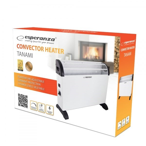Calefactor de convección blanco en una caja con marca naranja y blanca, mostrando características y una chimenea.
