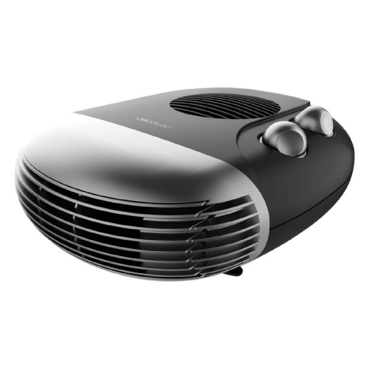 Un calefactor eléctrico portátil negro y gris con dos mandos y rejilla frontal sobre fondo blanco.