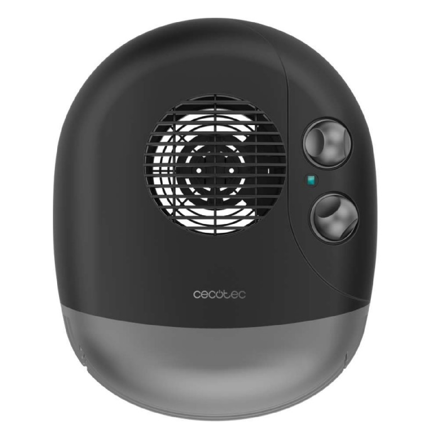 Calefactor eléctrico Cecotec negro con rejilla frontal redonda, dos mandos de control y base gris sobre fondo blanco.