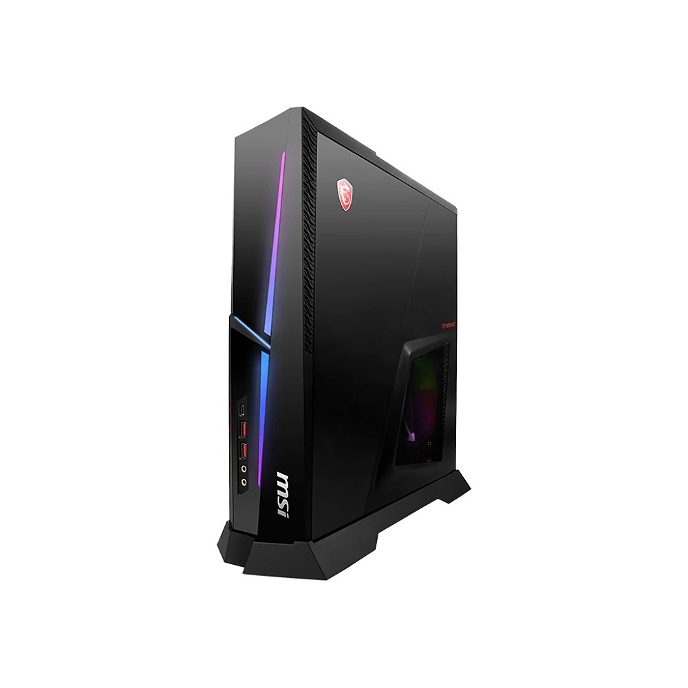 Elegancka, czarna wieża komputerowa MSI do gier z oświetleniem RGB na białym tle.